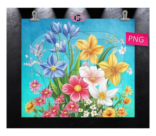 Vibrant Flower Bouquet - Digital tumbler wrap for 20 oz skinny straight tumbler