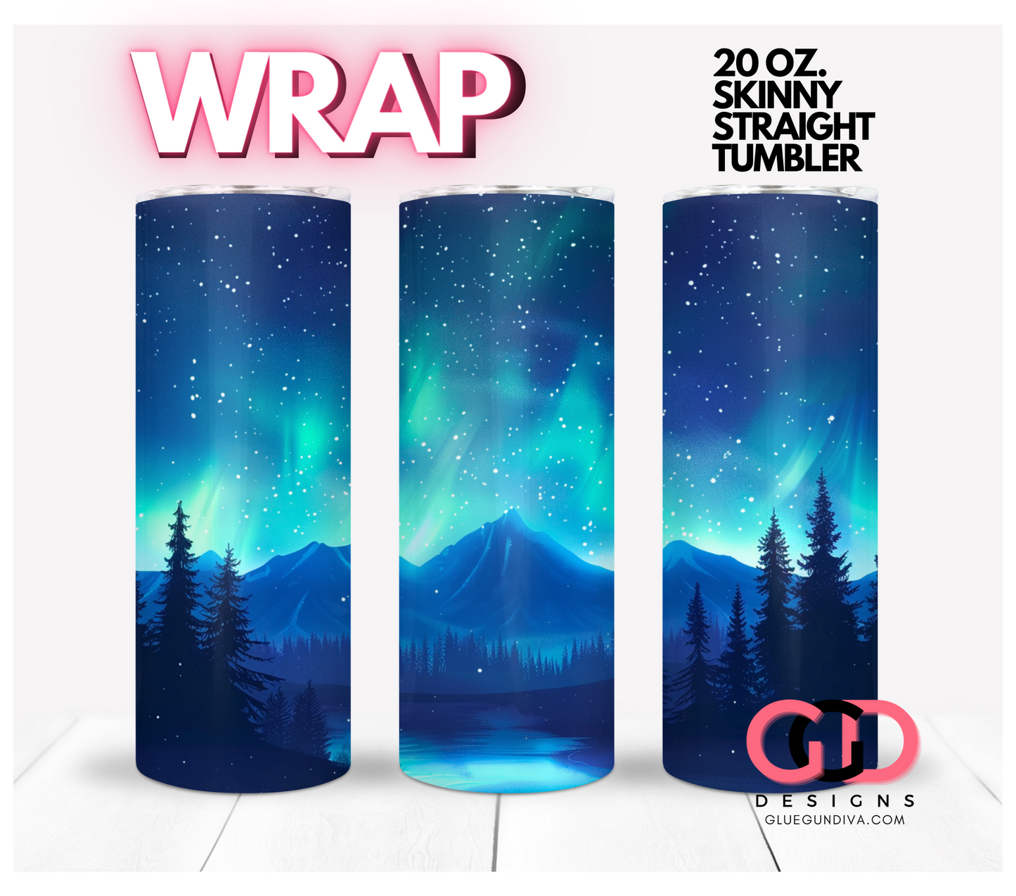 Northern Lights Blue - Digital tumbler wrap for 20 oz skinny straight tumbler