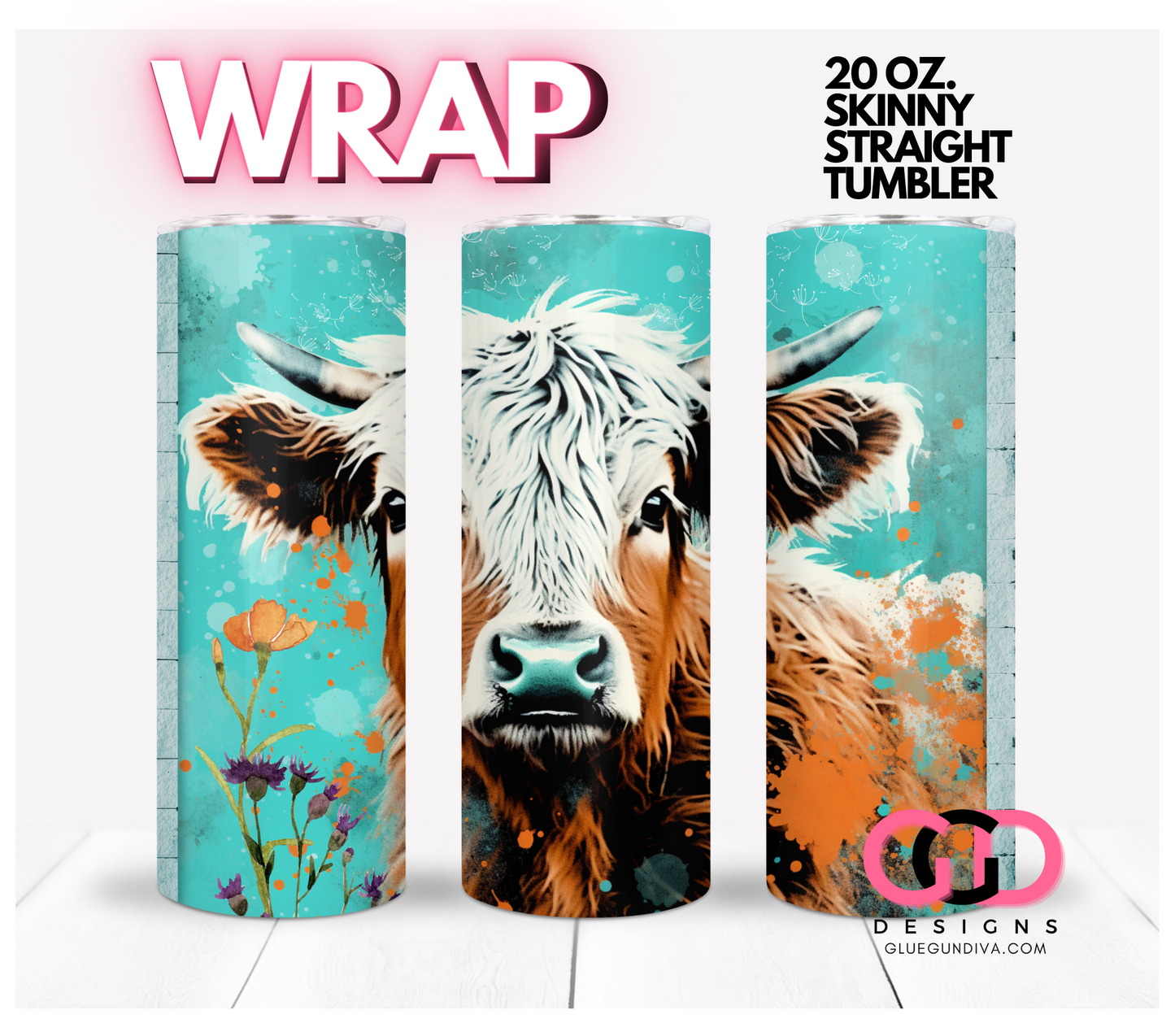 Highland Cow in Turquoise- Digital tumbler wrap for 20 oz skinny straight tumbler