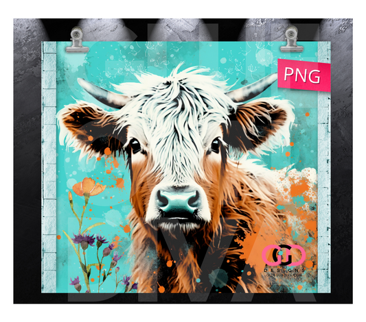 Highland Cow in Turquoise- Digital tumbler wrap for 20 oz skinny straight tumbler
