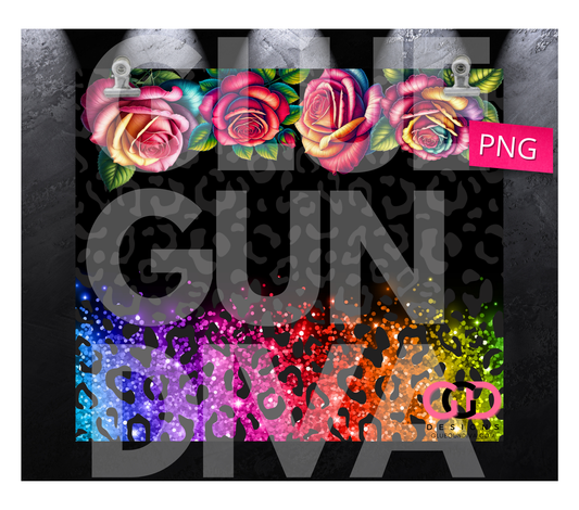 Colorized Roses Leopard Glittter - Digital tumbler wrap for 20 oz skinny straight tumbler