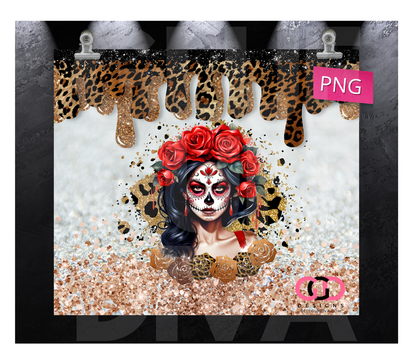 Dia De los Muertos Animal Print Latina- Digital tumbler wrap for 20 oz skinny straight tumbler
