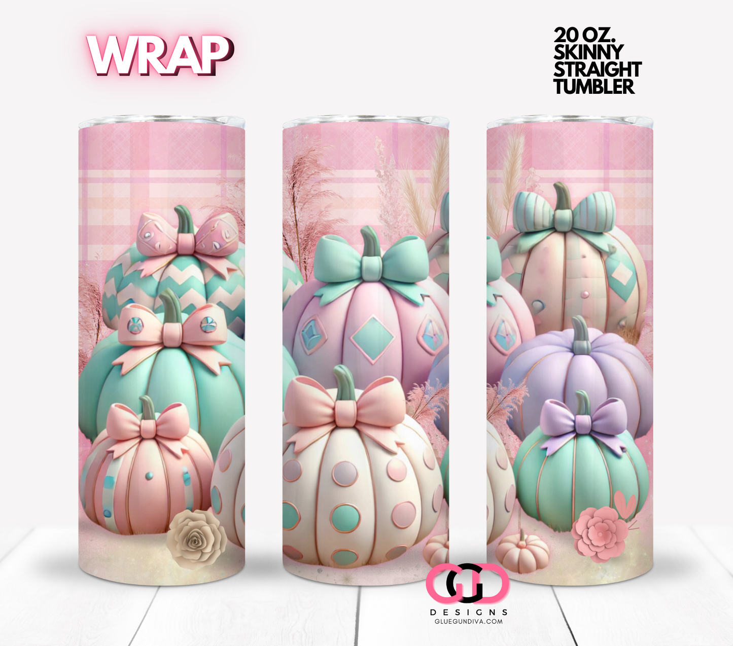 3D Pastel Pumpkins - Digital tumbler wrap for 20 oz skinny straight tumbler