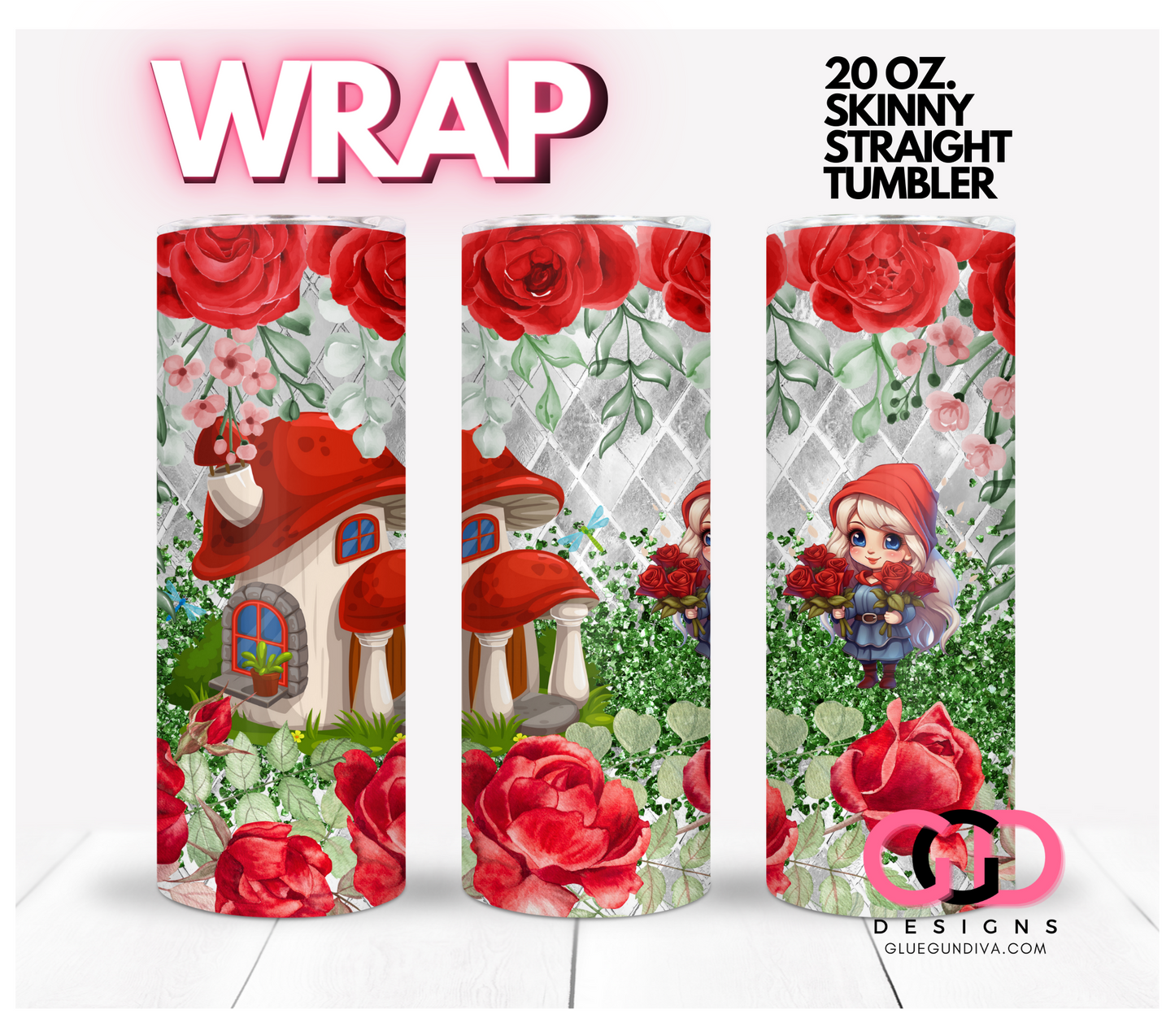 Red Roses Gnome Girl- Digital tumbler wrap for 20 oz skinny straight tumbler