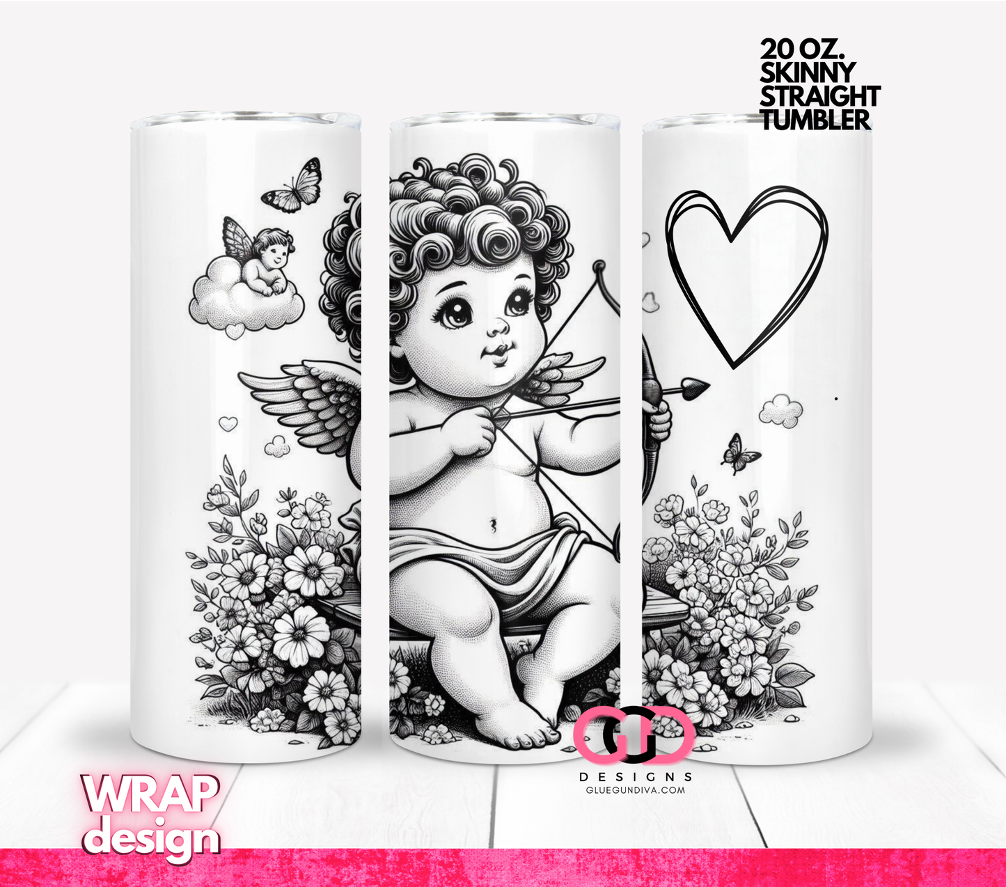 Black White Cupid- Digital tumbler wrap for 20 oz skinny straight tumbler