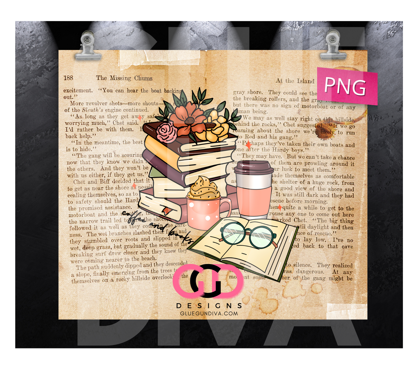 Coffee and Books - Digital tumbler wrap for 20 oz skinny straight tumbler