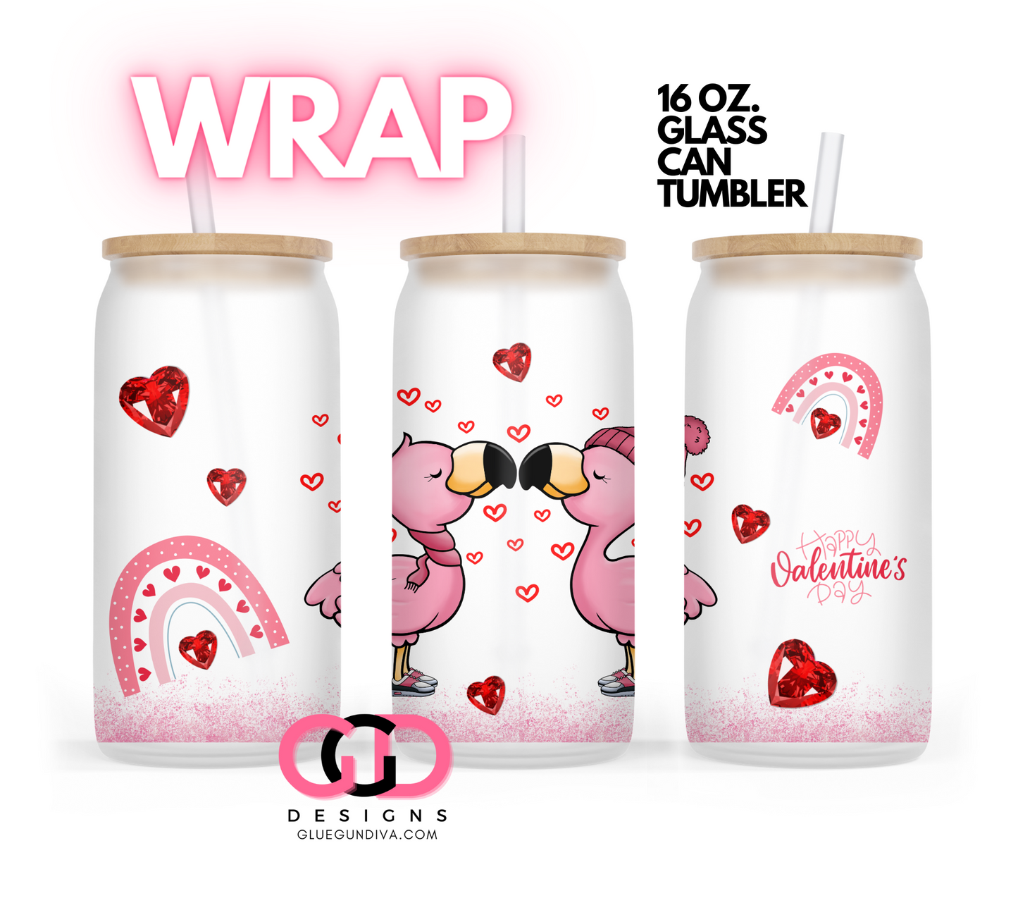 Flamingo love Couple- Digital wrap for 16 oz glass can