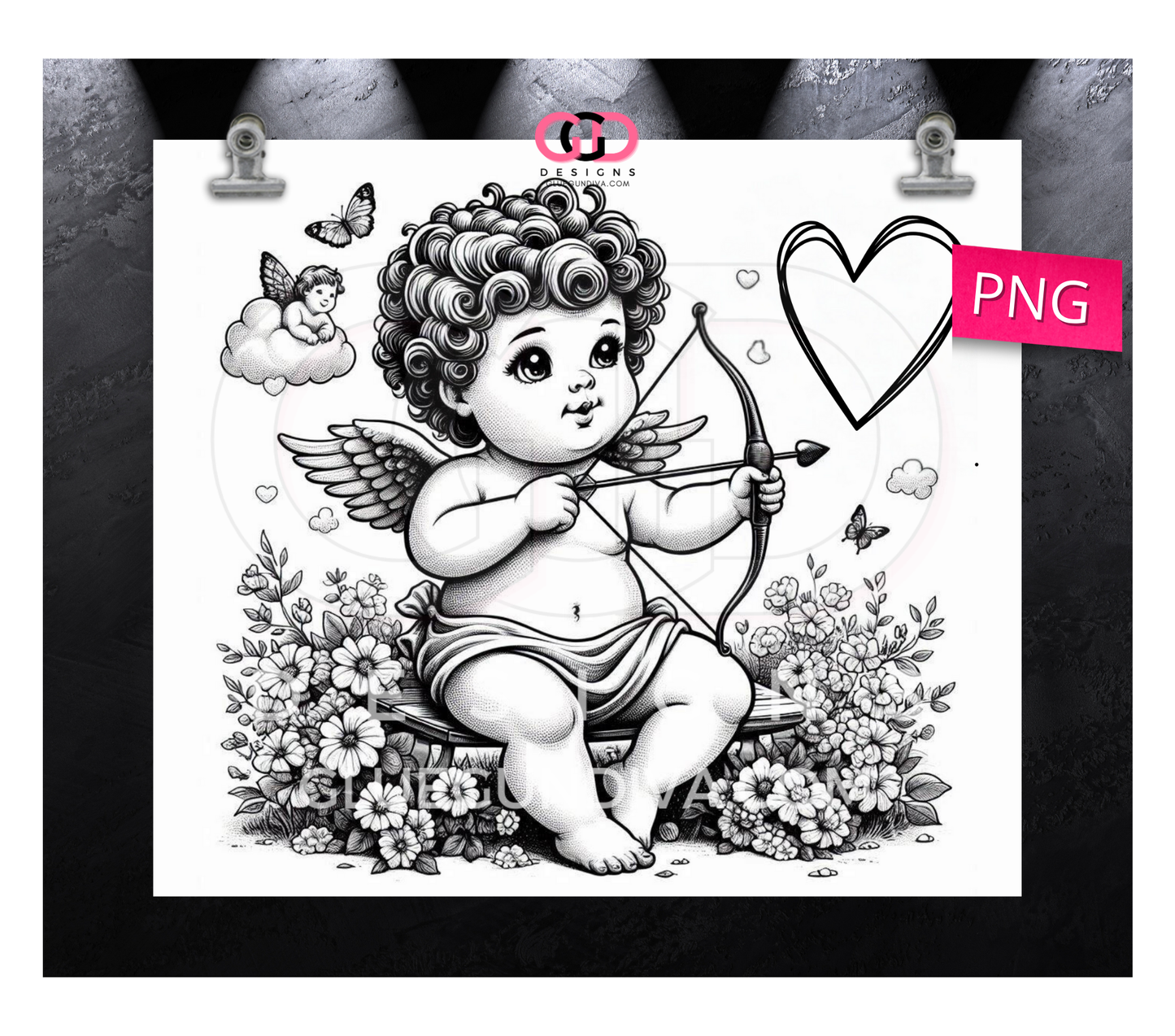 Black White Cupid- Digital tumbler wrap for 20 oz skinny straight tumbler