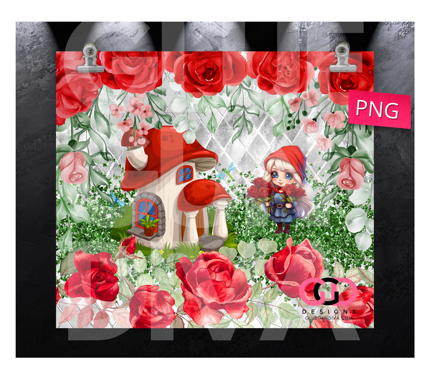 Red Roses Gnome Girl- Digital tumbler wrap for 20 oz skinny straight tumbler