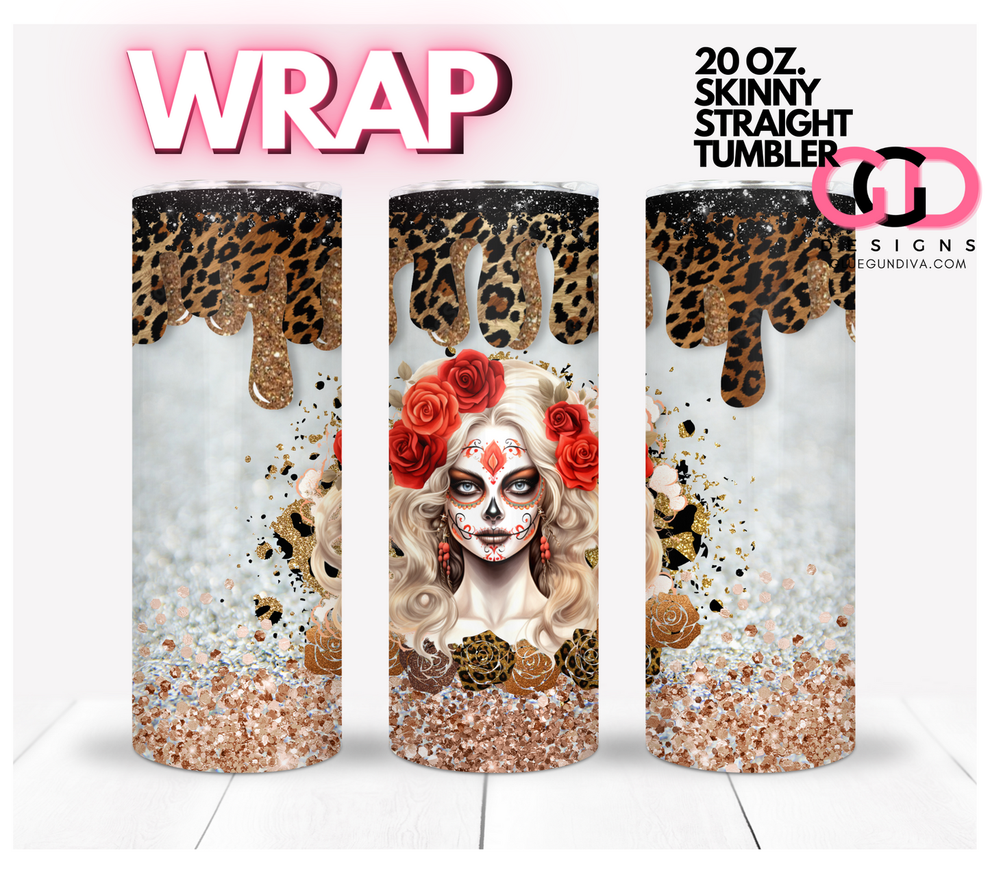Dia De los Muertos Animal Print White- Digital tumbler wrap for 20 oz skinny straight tumbler