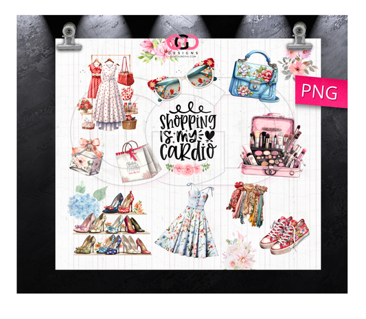 Shopping is my cardio Shabby Chic- Digital tumbler wrap for 20 oz skinny straight tumbler