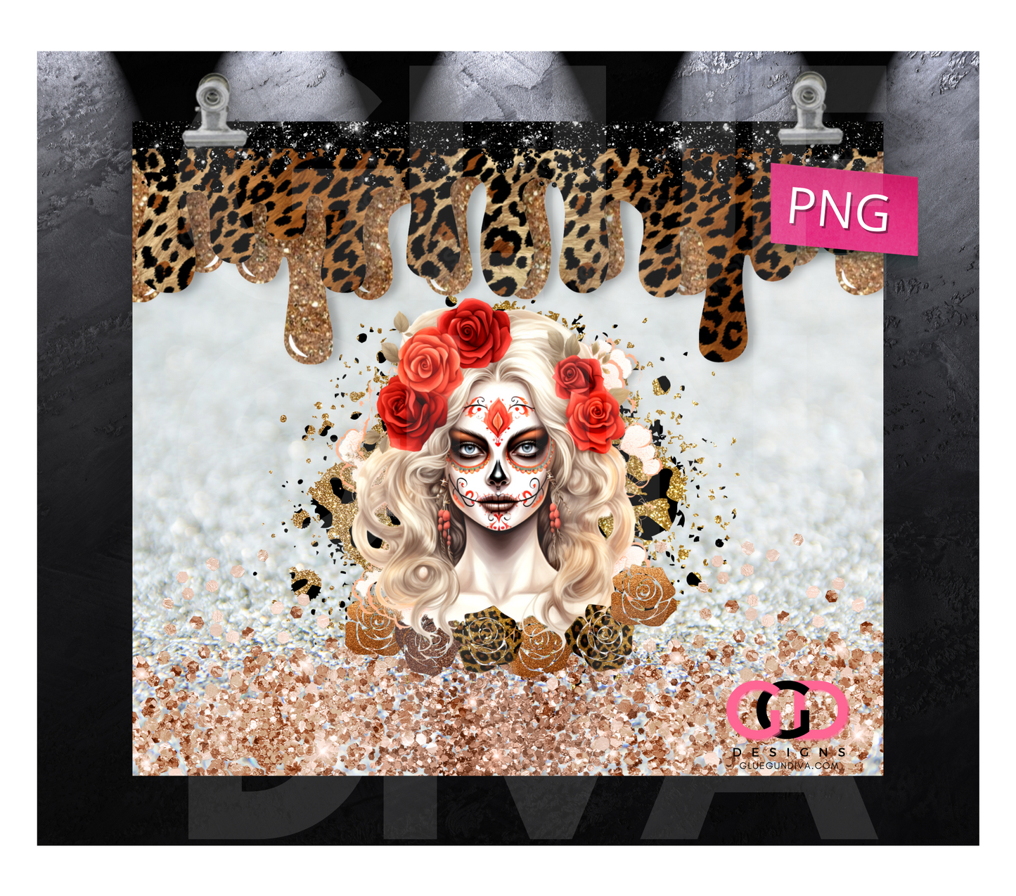 Dia De los Muertos Animal Print White- Digital tumbler wrap for 20 oz skinny straight tumbler