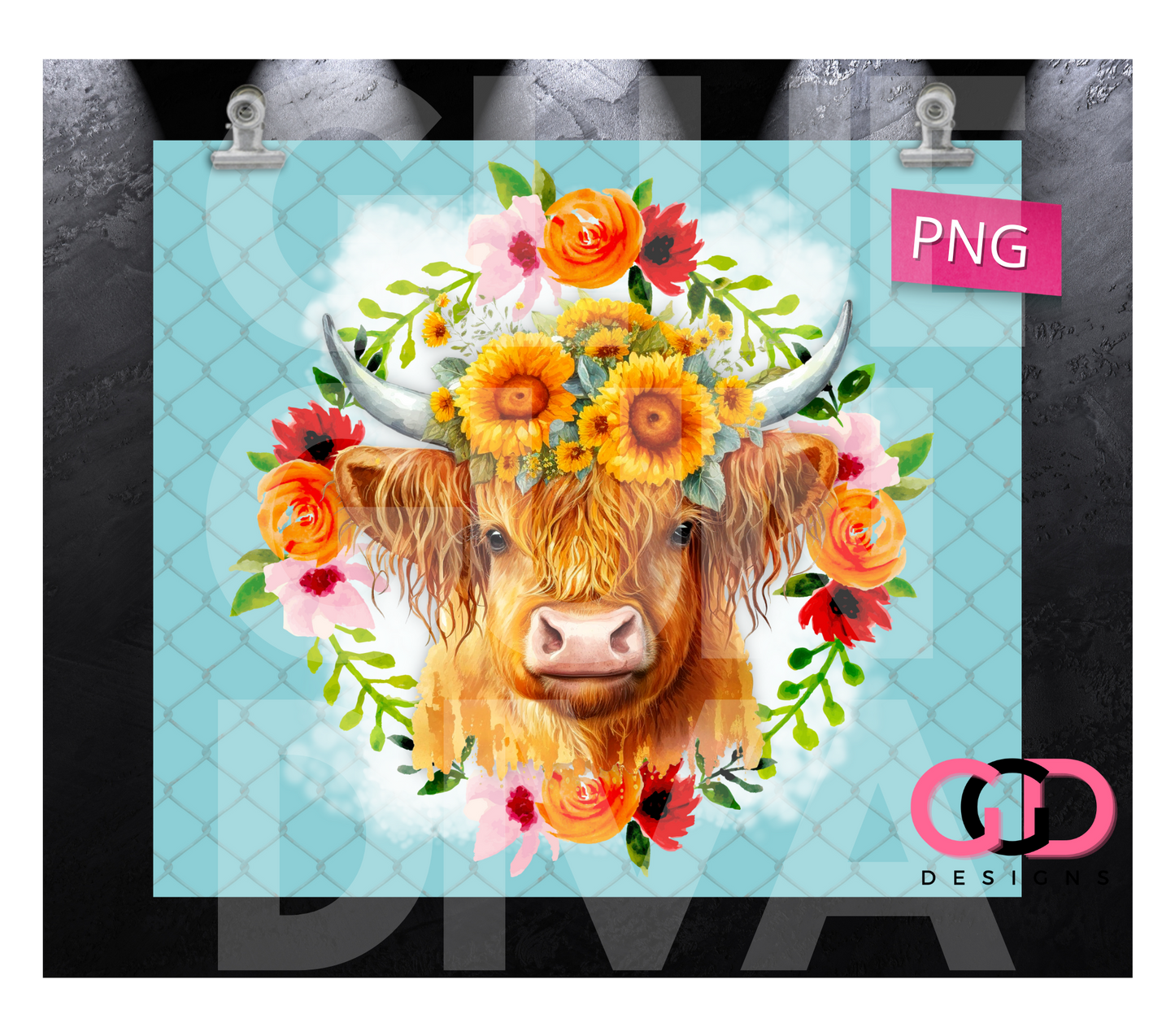 Highland Cow and Flowers- Digital tumbler wrap for 20 oz skinny straight tumbler