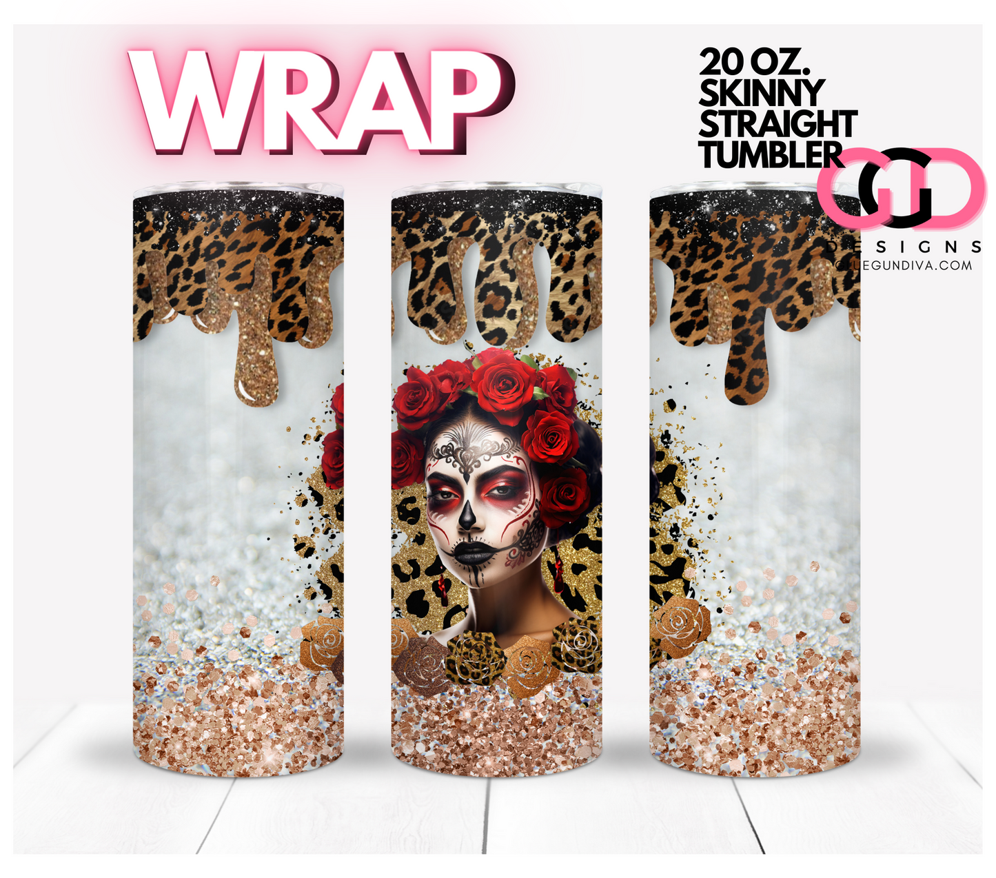Dia De los Muertos Animal Print Black- Digital tumbler wrap for 20 oz skinny straight tumbler