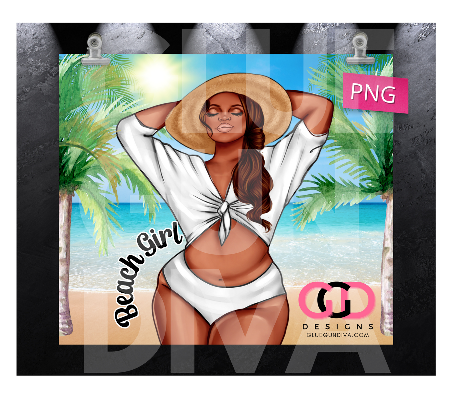 Beach Girl White- Digital tumbler wrap for 20 oz skinny straight tumbler