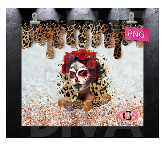 Dia De los Muertos Animal Print Black- Digital tumbler wrap for 20 oz skinny straight tumbler