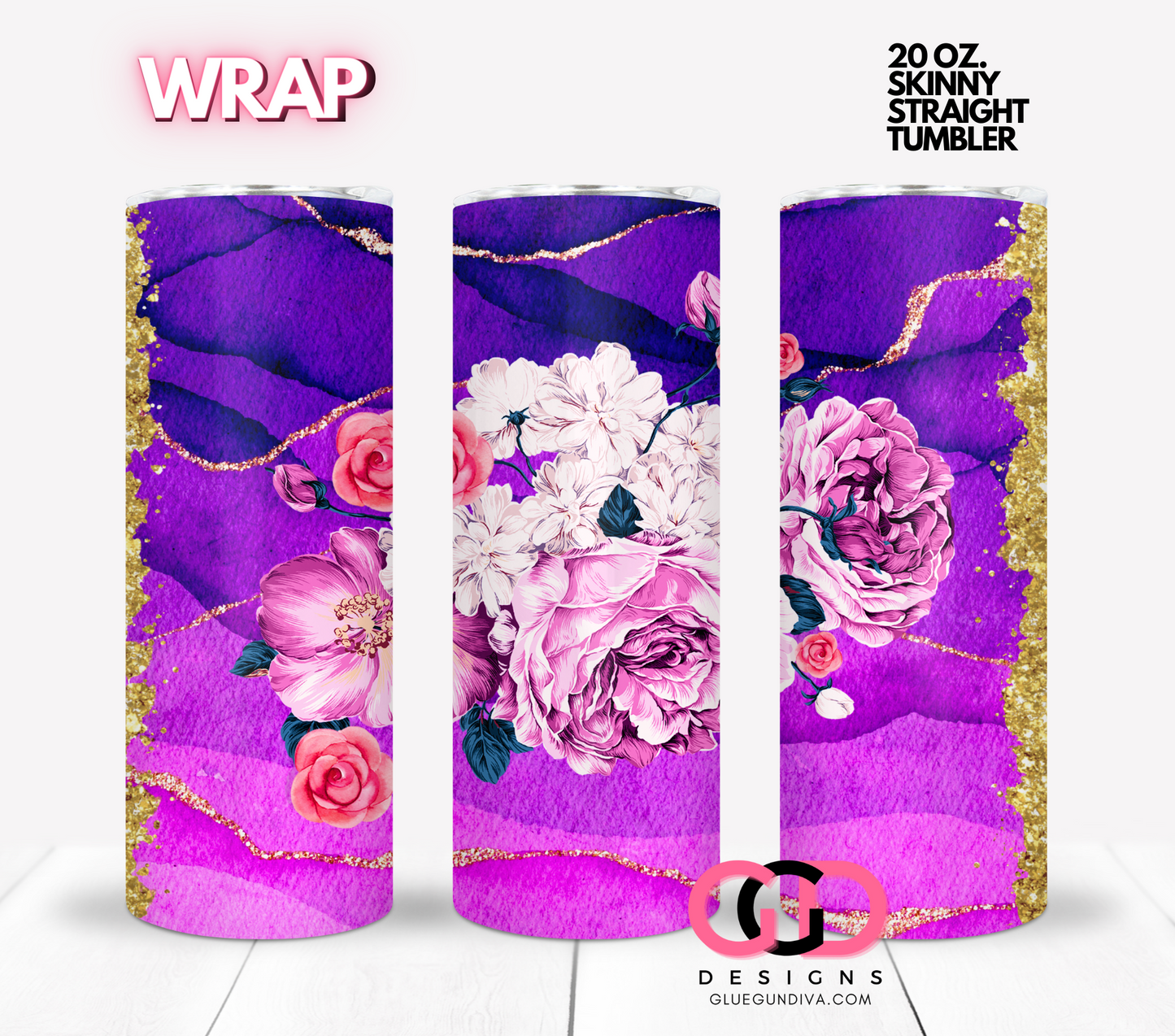 Purple Gold Pretty Flowers - Digital tumbler wrap for 20 oz skinny straight tumbler