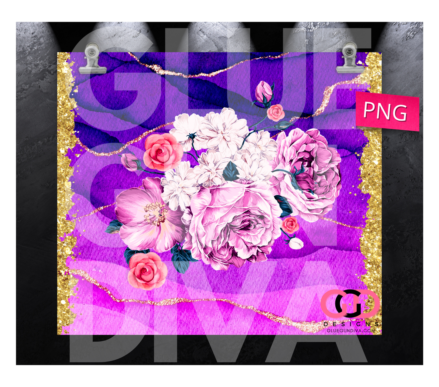 Purple Gold Pretty Flowers - Digital tumbler wrap for 20 oz skinny straight tumbler