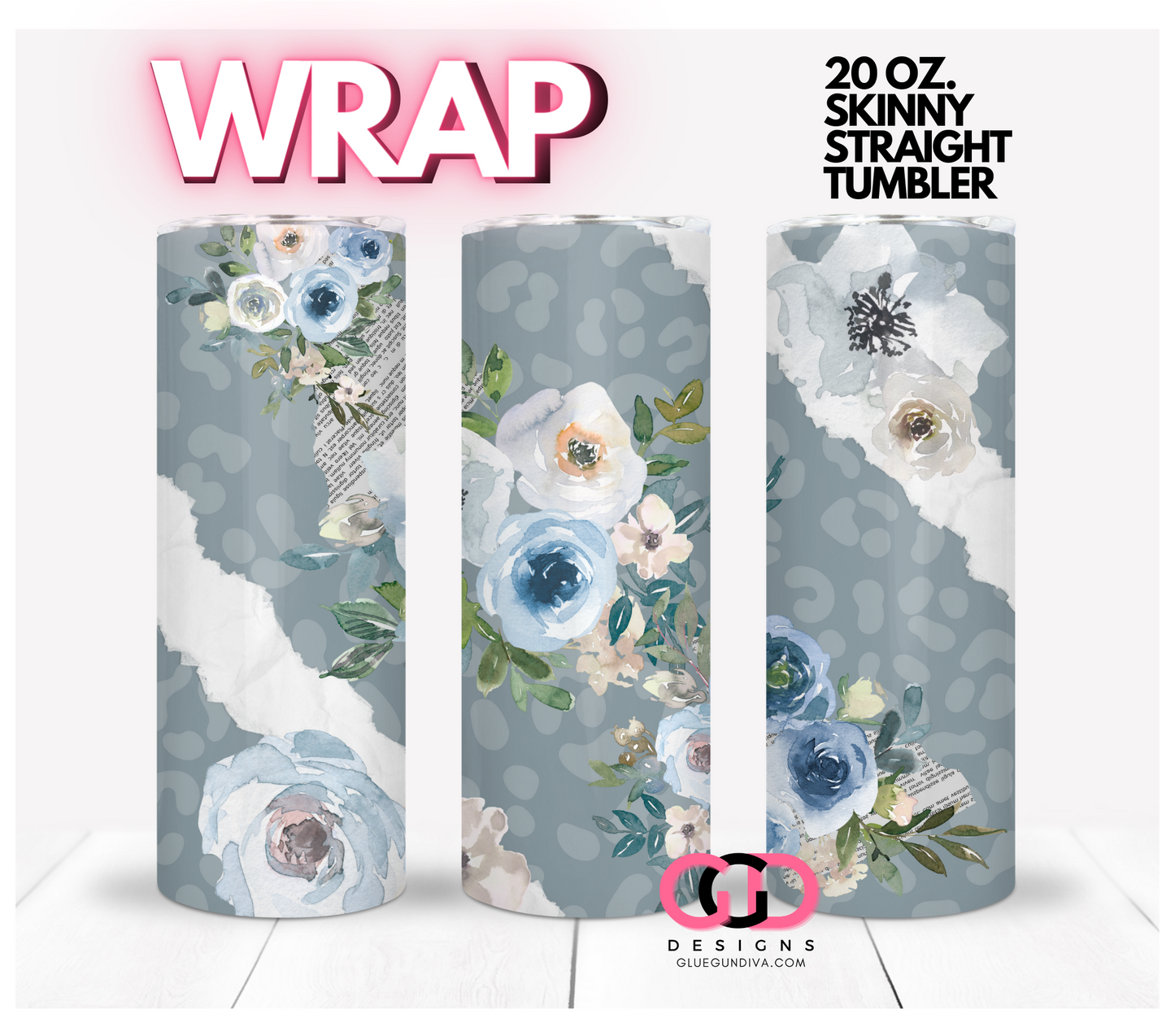 Blue Wrapped Flowers - Digital tumbler wrap for 20 oz skinny straight tumbler