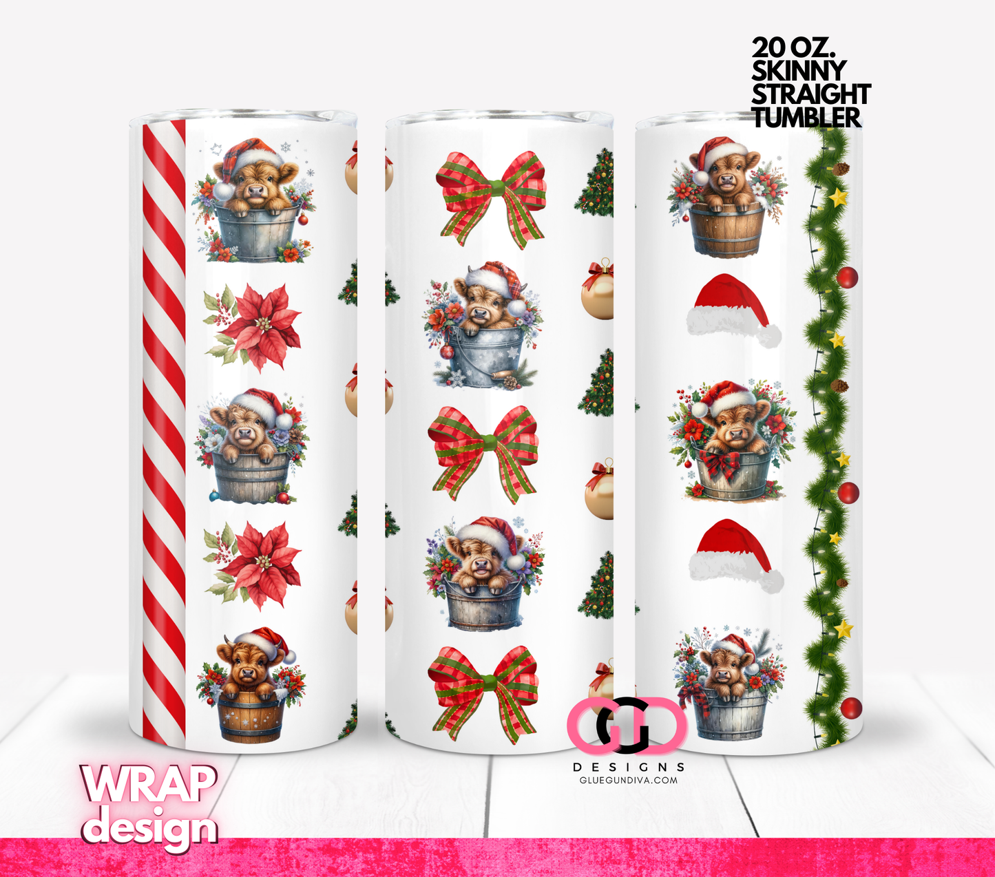 Classic Christmas Highland Cows - Digital tumbler wrap for 20 oz skinny straight tumbler
