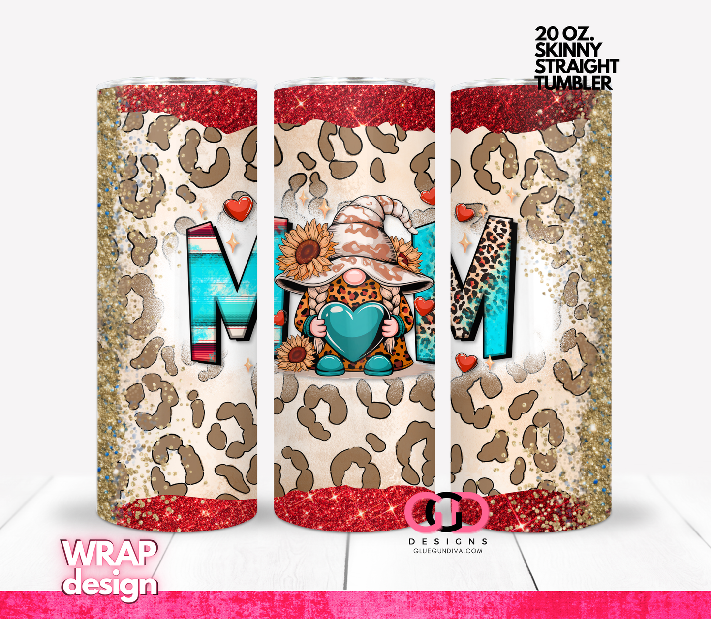Mom Gnome and Leopard - Digital tumbler wrap for 20 oz skinny straight tumbler