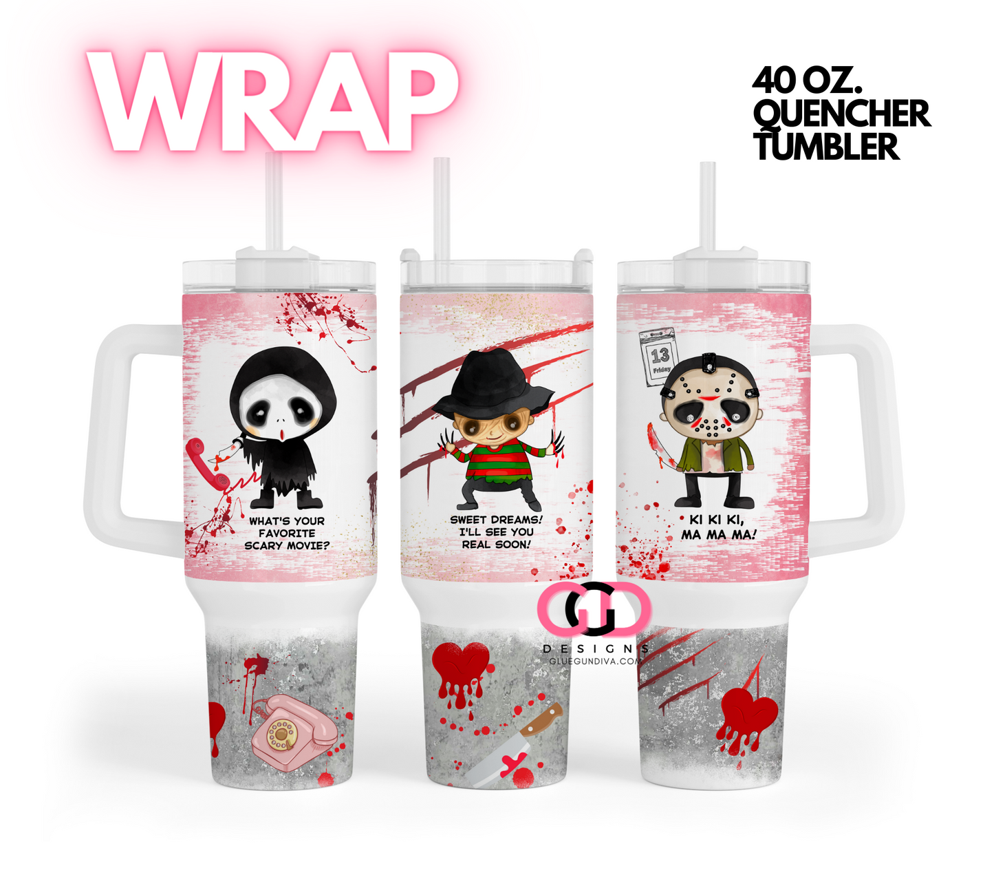 Cute Horror Characters - Digital tumbler wrap for 40 oz tumbler