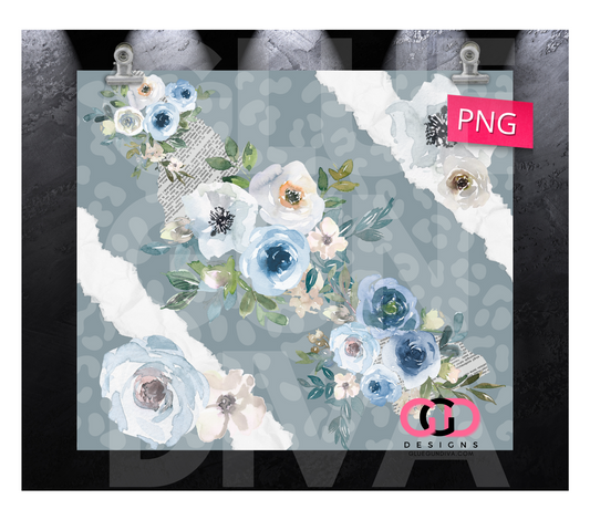 Blue Wrapped Flowers - Digital tumbler wrap for 20 oz skinny straight tumbler