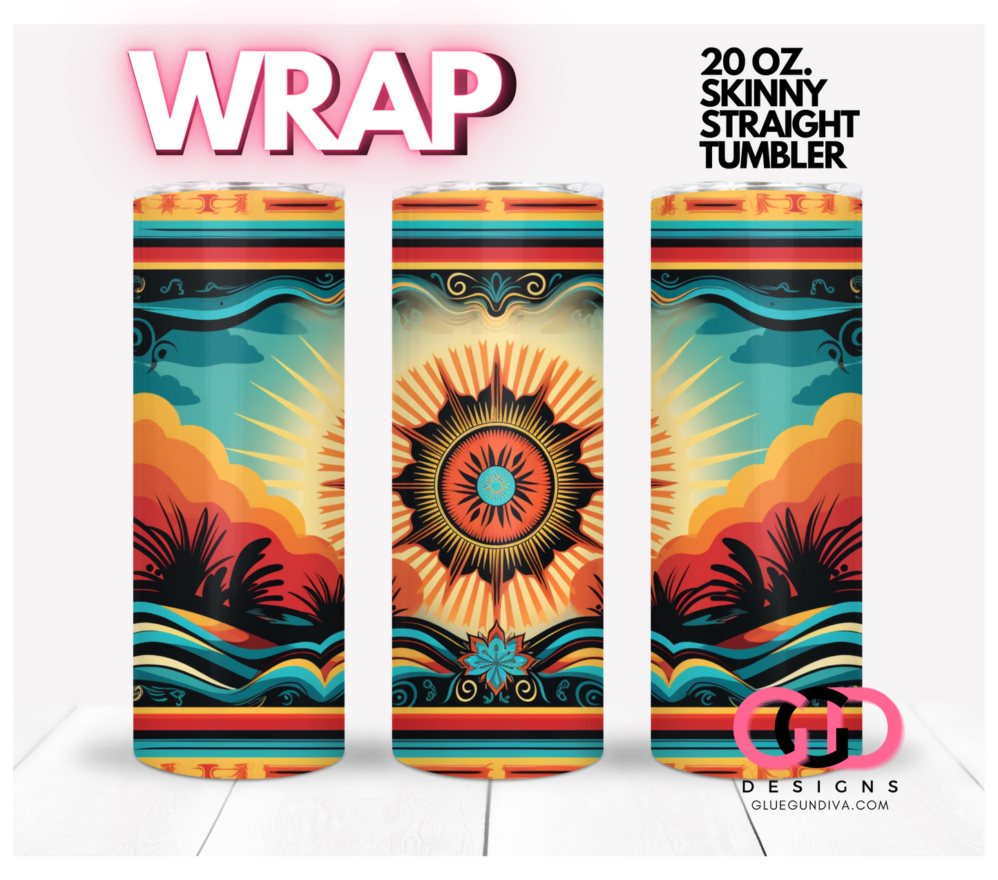 Western Sun and Turquoise waves - Digital tumbler wrap for 20 oz skinny straight tumbler