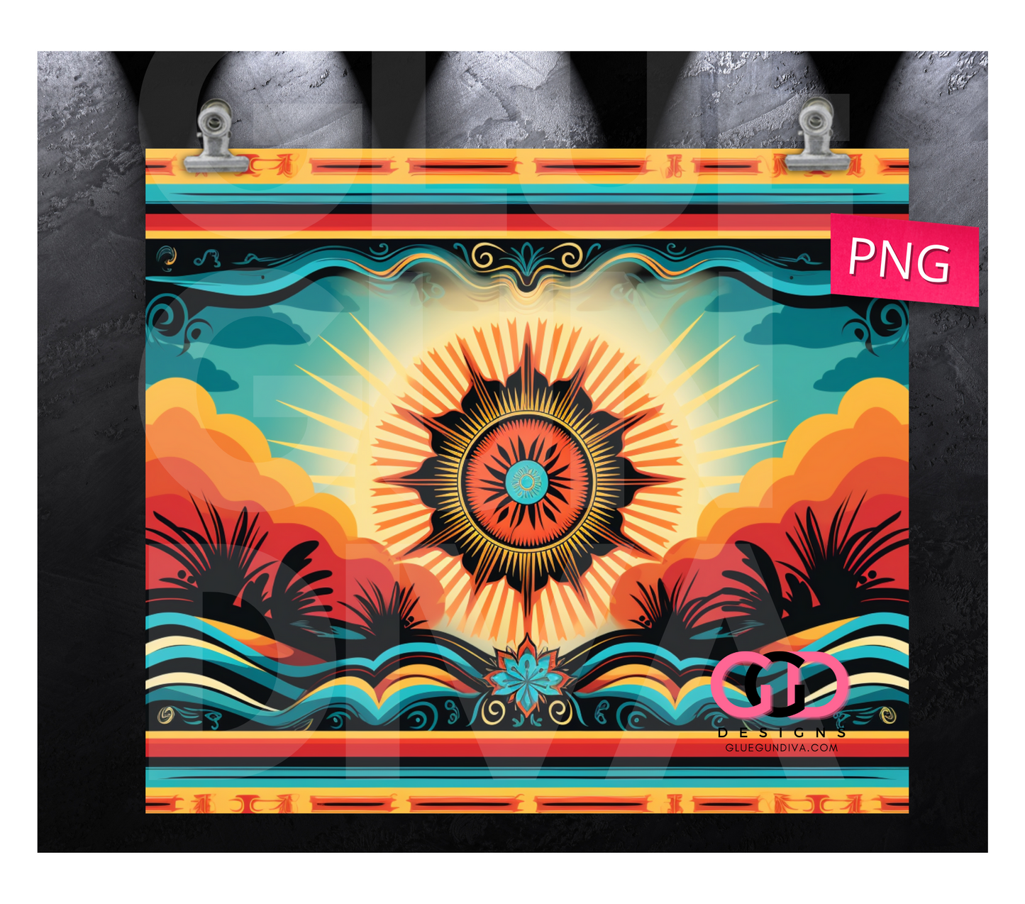 Western Sun and Turquoise waves - Digital tumbler wrap for 20 oz skinny straight tumbler