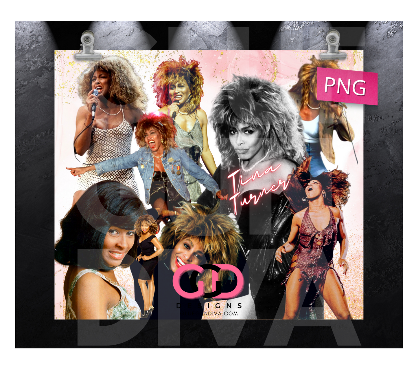 Tina Turner Pink Gold Background- Digital tumbler wrap for 20 oz skinny straight tumbler