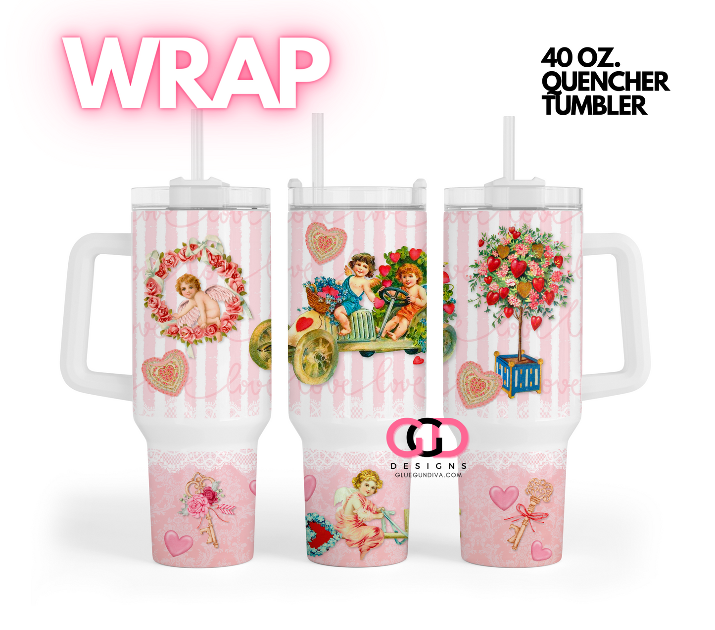 Vintage Pink Valentine - Digital tumbler wrap for 40 oz tumbler