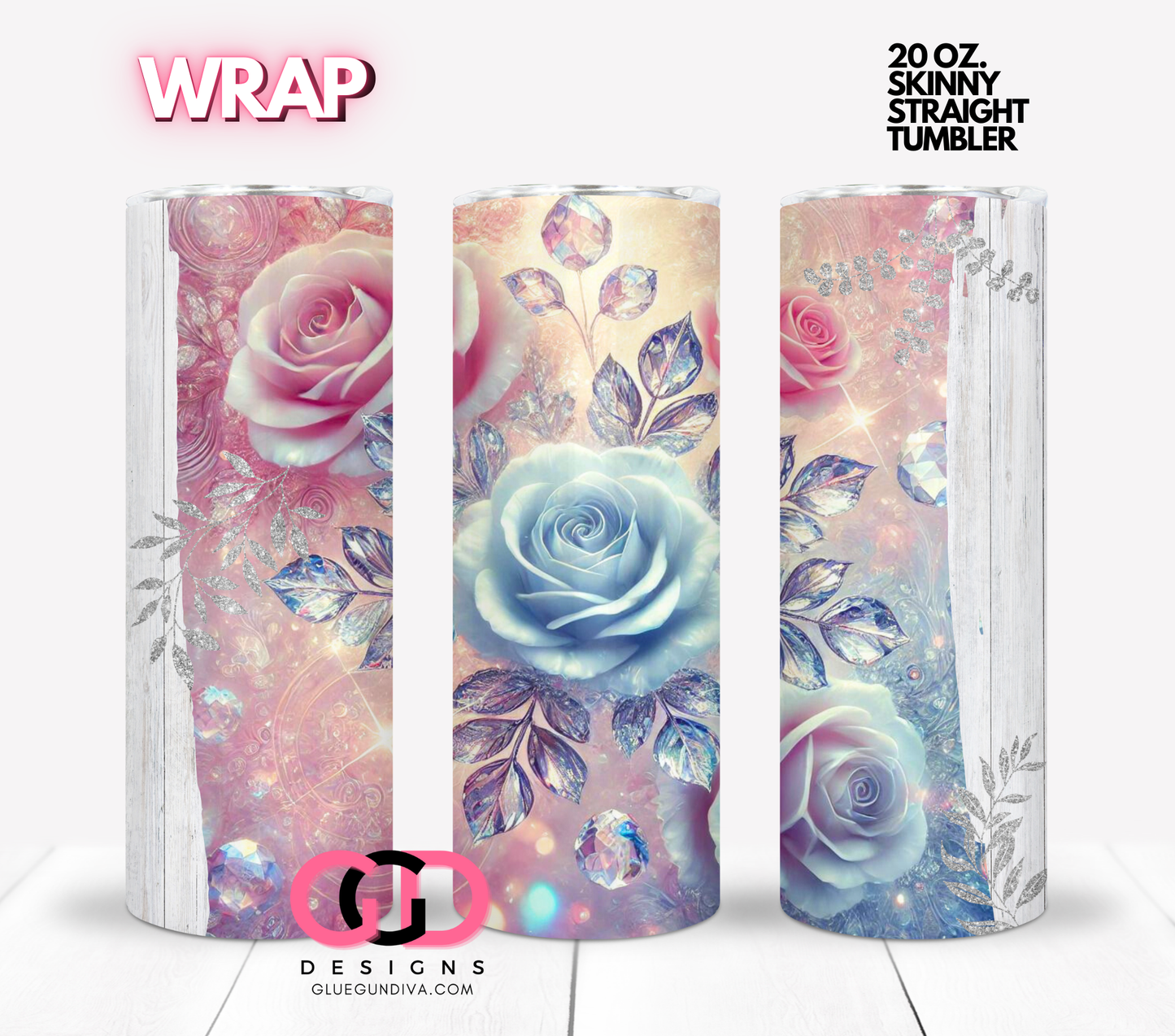 Crystal Roses Scene - Digital tumbler wrap for 20 oz skinny straight tumbler