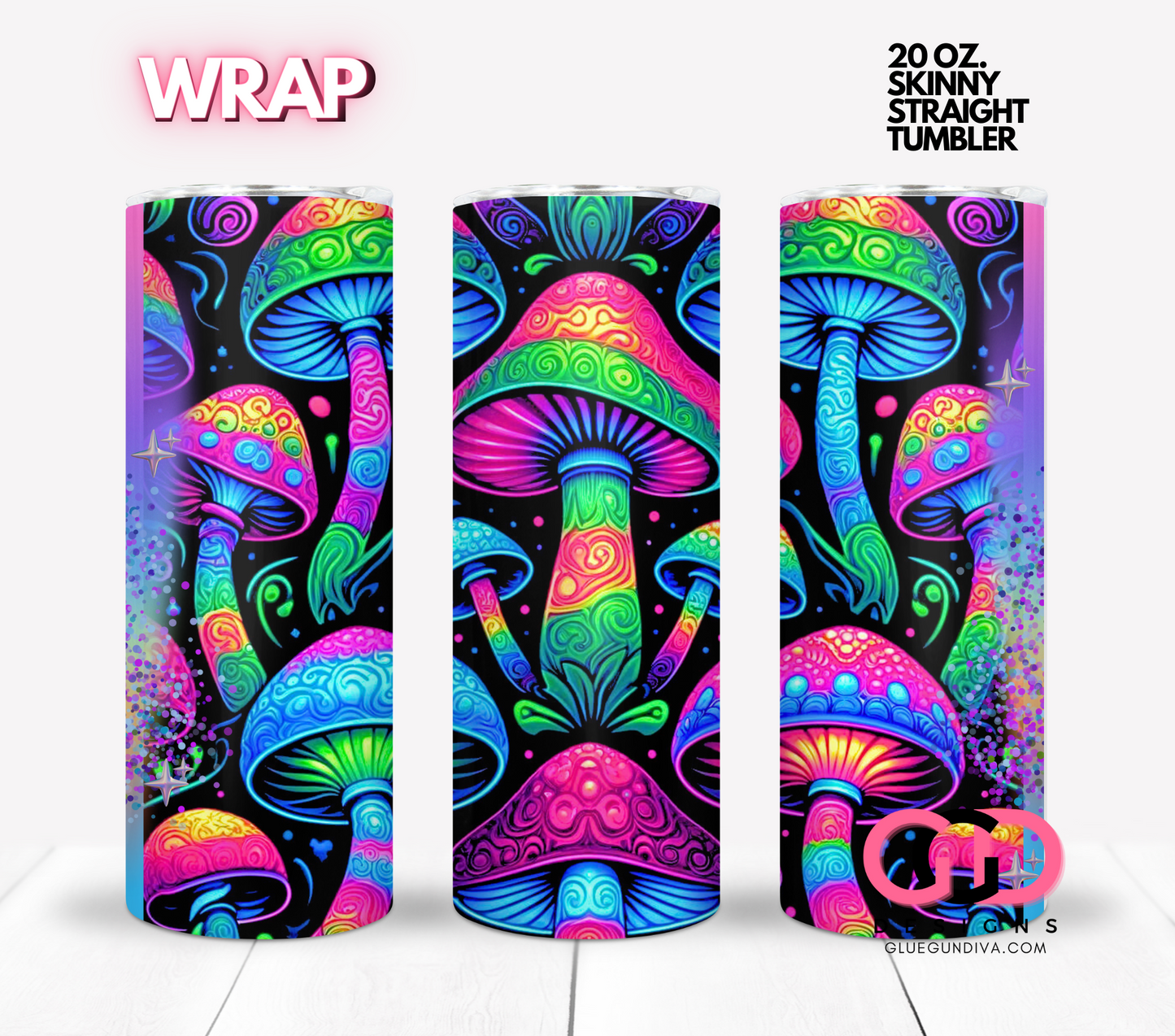 Neon Mushrooms- Digital tumbler wrap for 20 oz skinny straight tumbler