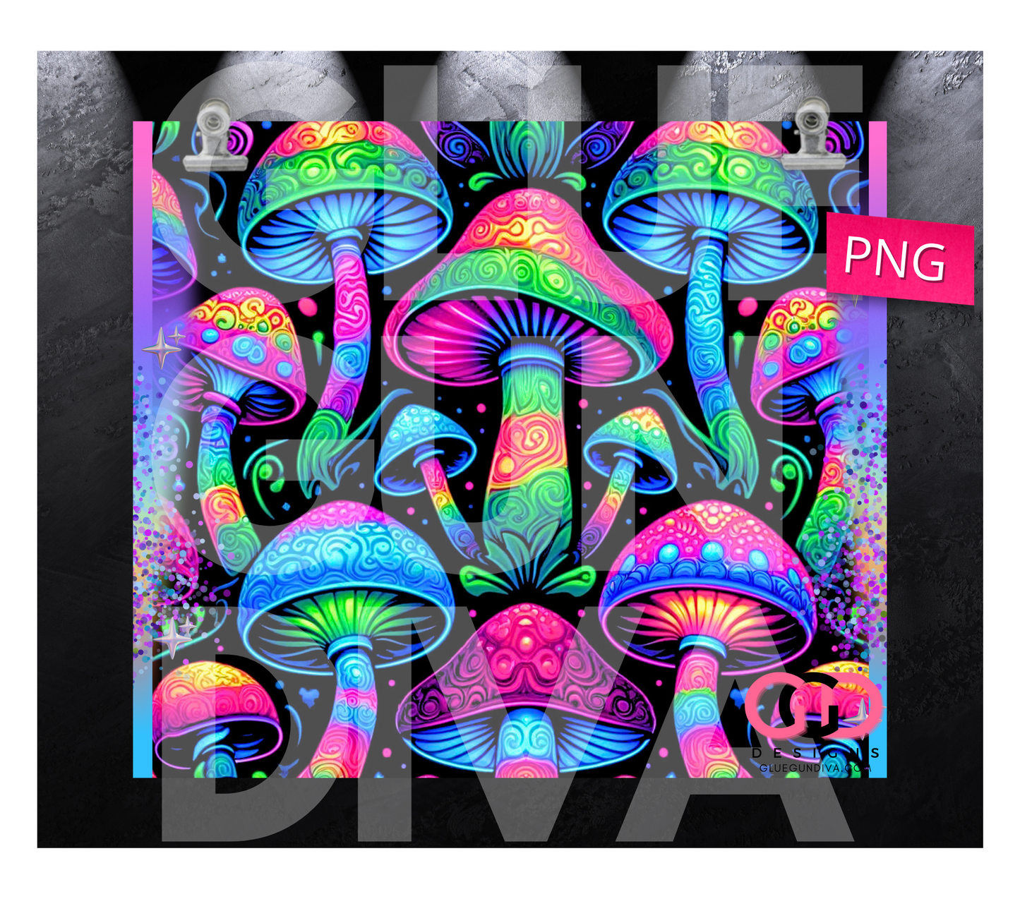 Neon Mushrooms- Digital tumbler wrap for 20 oz skinny straight tumbler