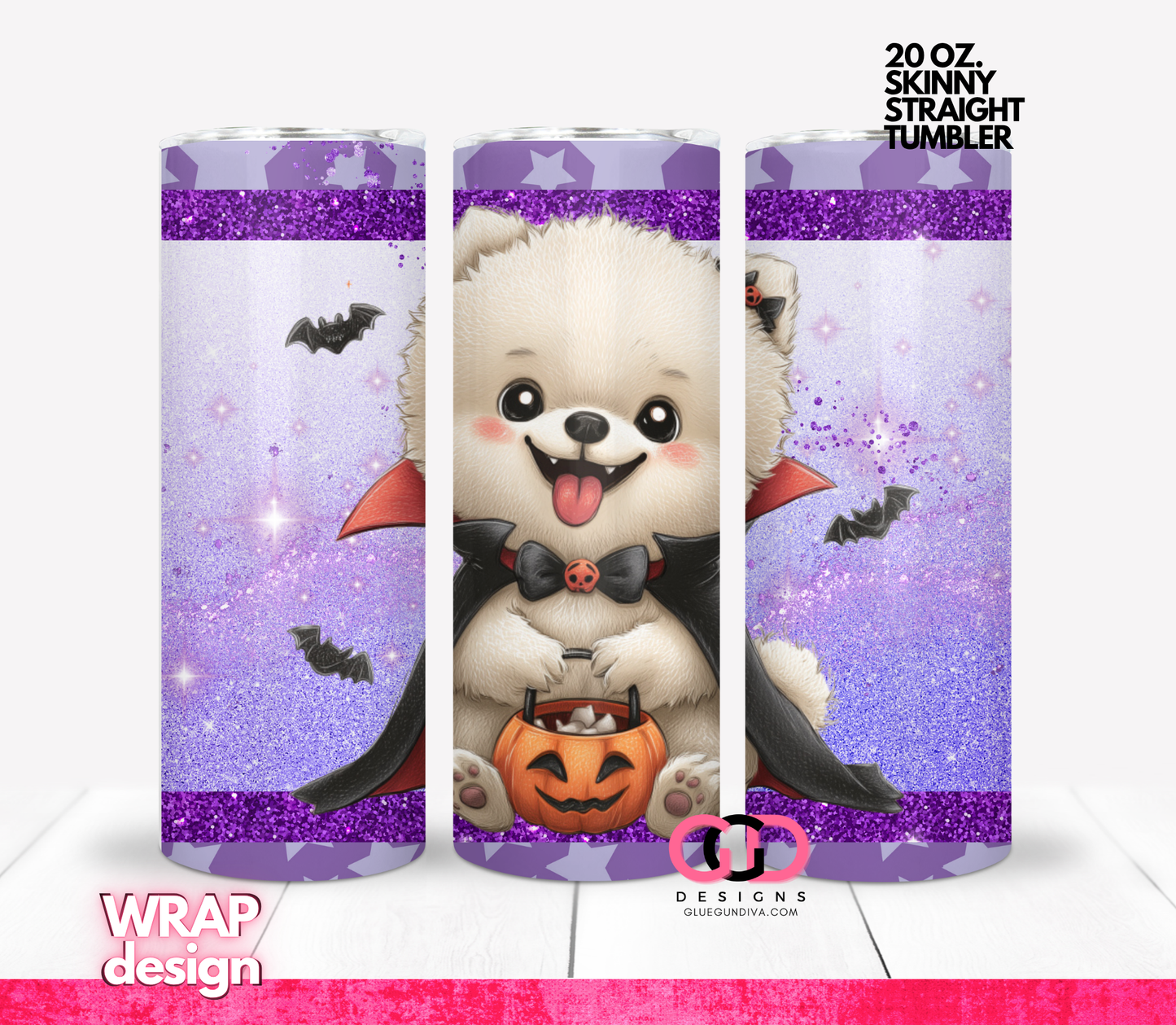 Halloween White Puppy Dracula - Digital tumbler wrap for 20 oz skinny straight tumbler