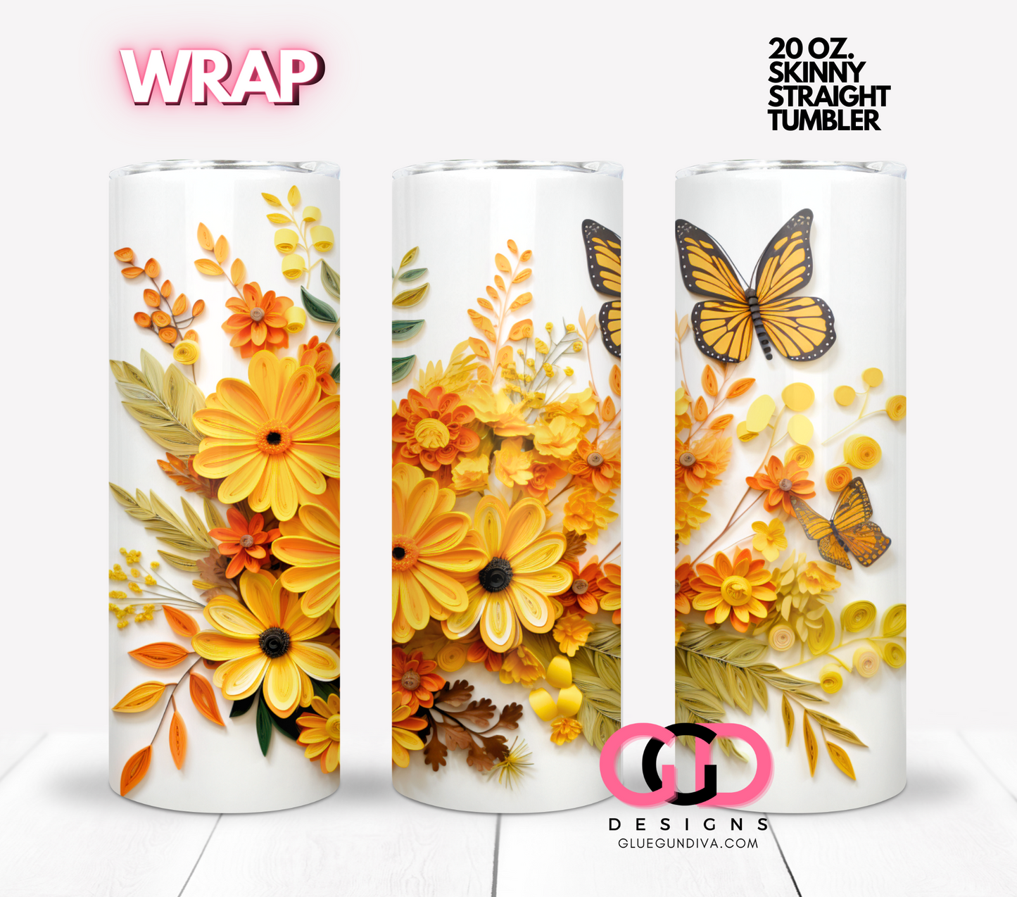 3D Orange flowers and butterflies - Digital tumbler wrap for 20 oz skinny straight tumbler