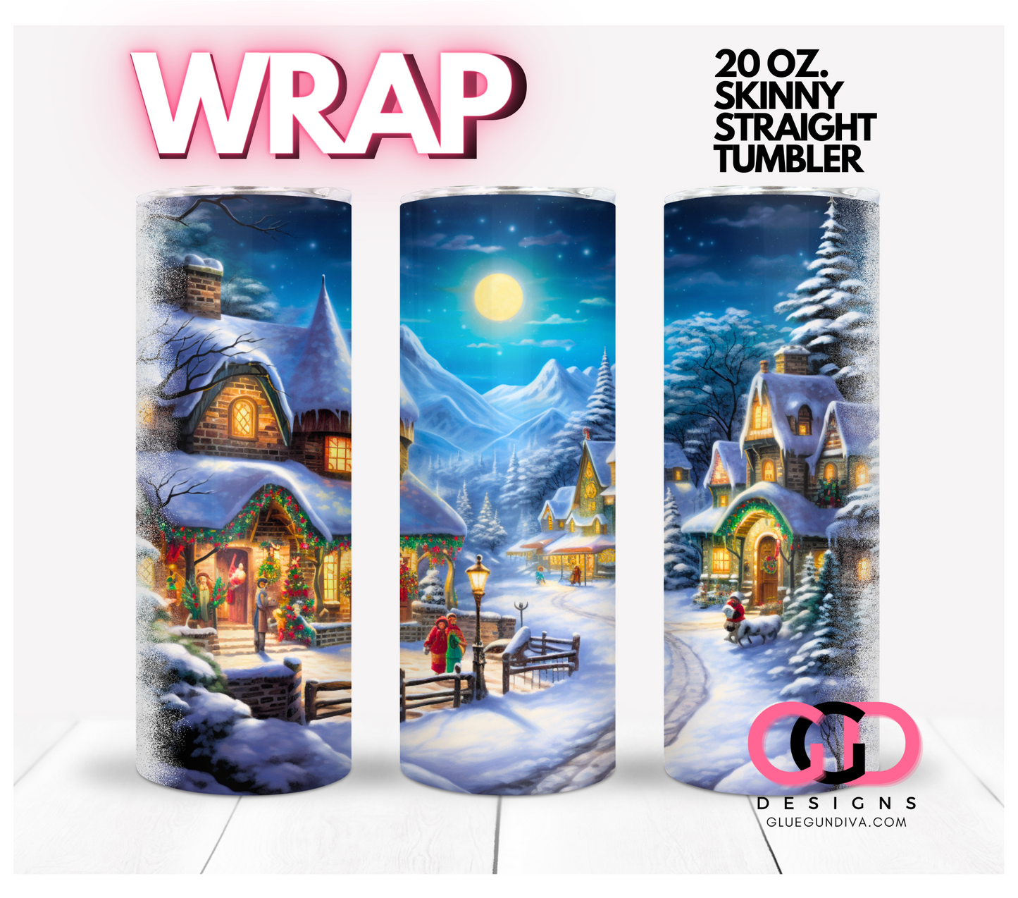 Winter Holiday Night Scene- Digital tumbler wrap for 20 oz skinny straight tumbler