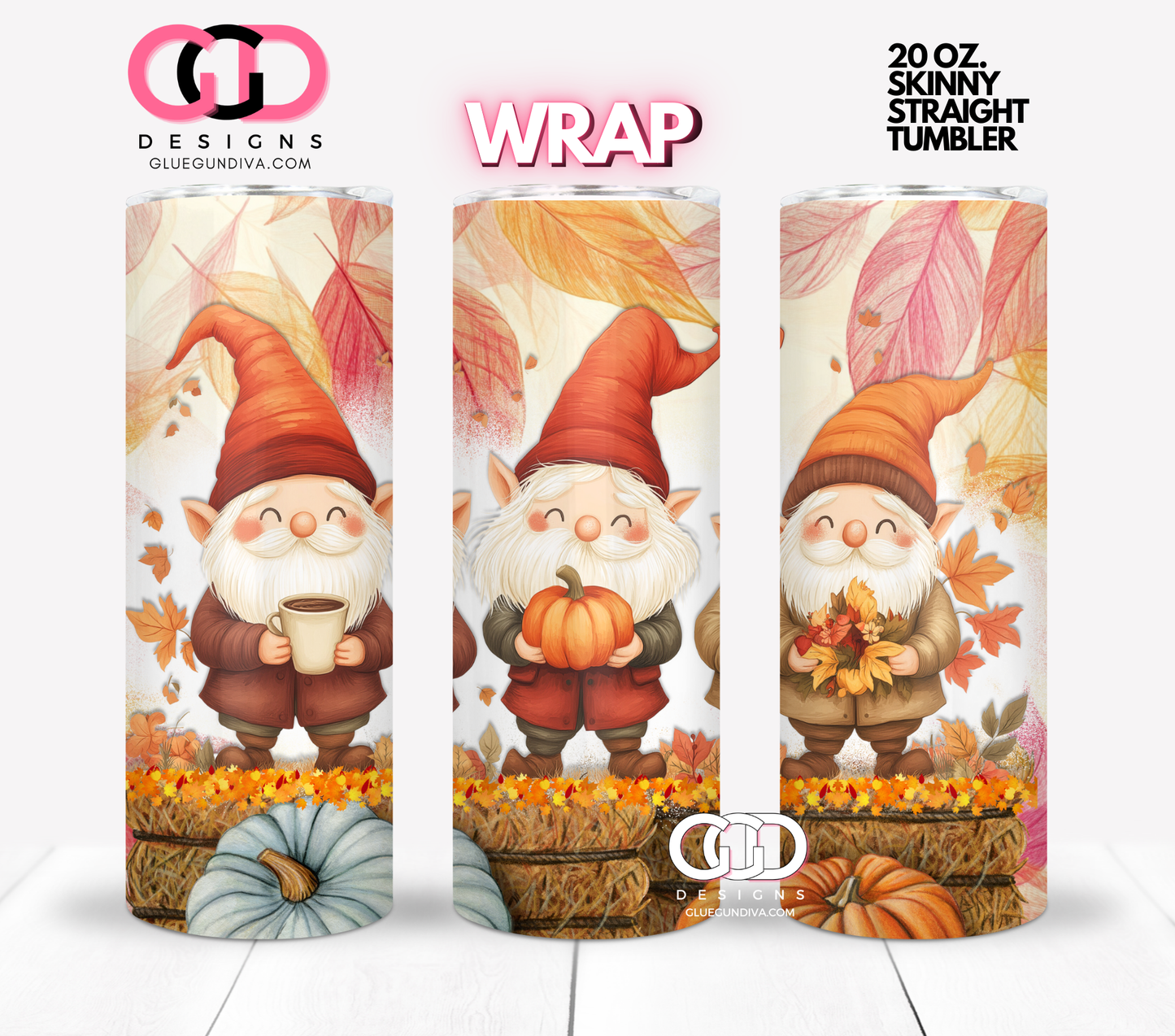 Fall Ready Gnomes - Digital tumbler wrap for 20 oz skinny straight tumbler