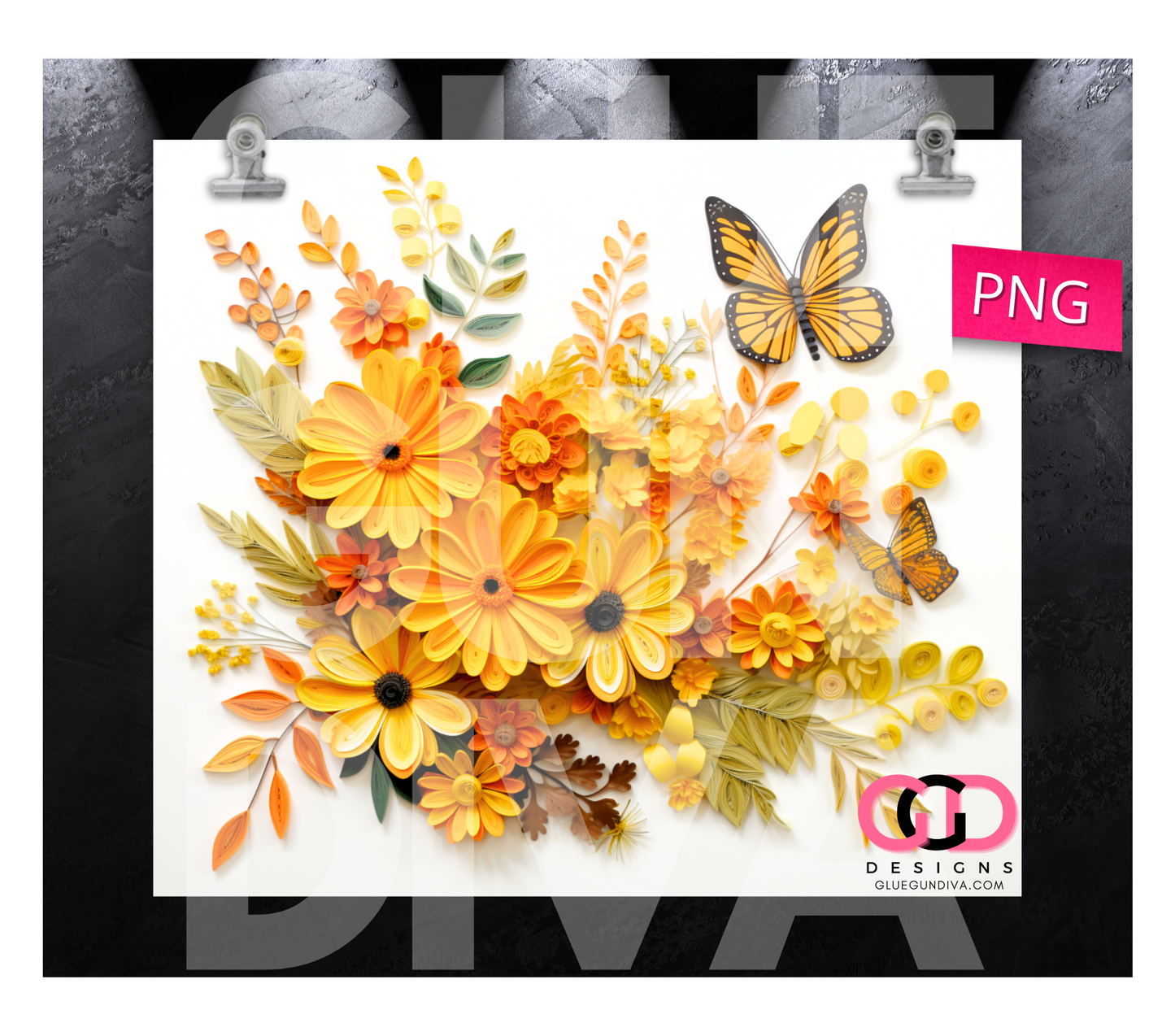 3D Orange flowers and butterflies - Digital tumbler wrap for 20 oz skinny straight tumbler