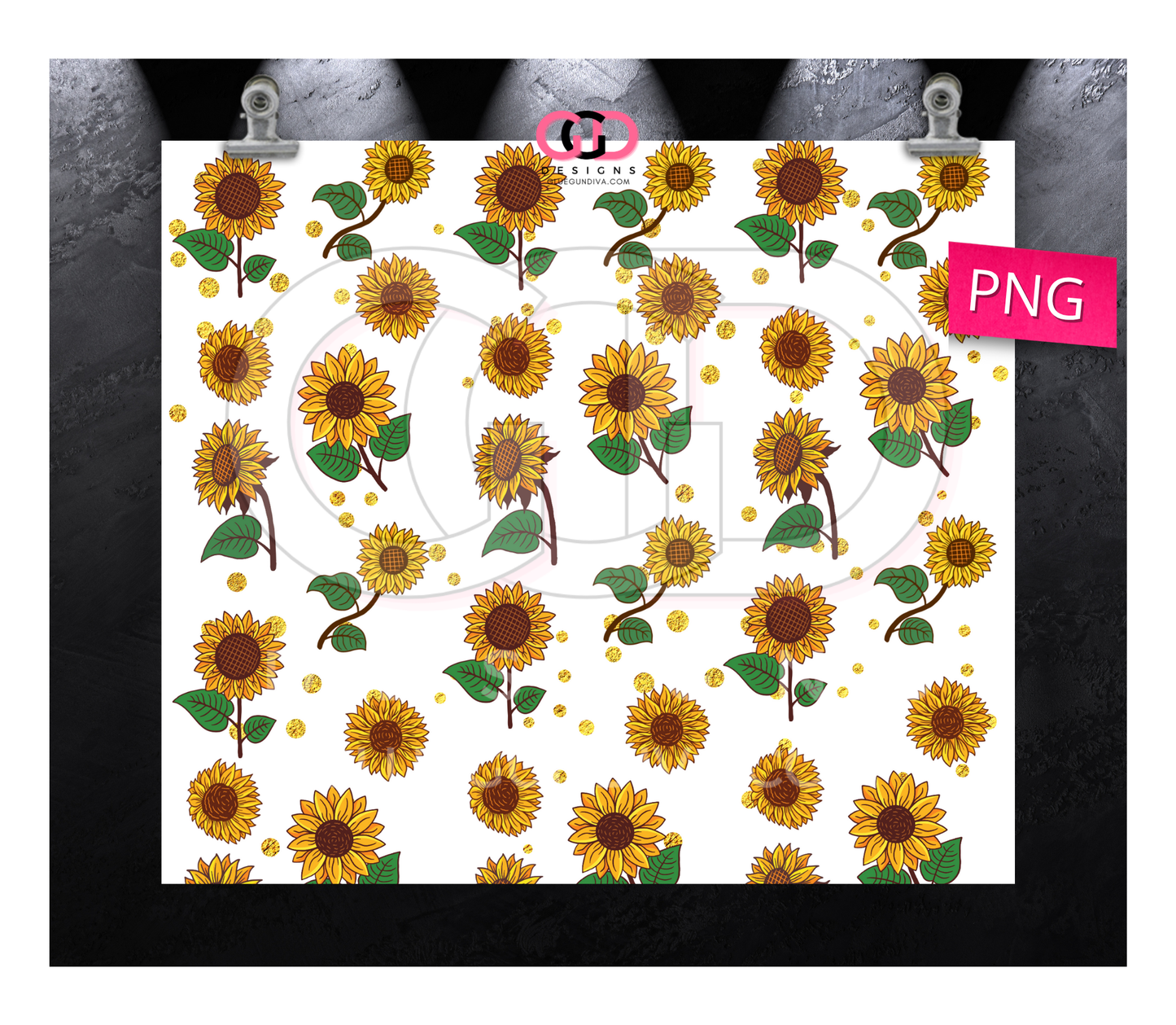 Sunflowers and Gold Circles- Digital tumbler wrap for 20 oz skinny straight tumbler