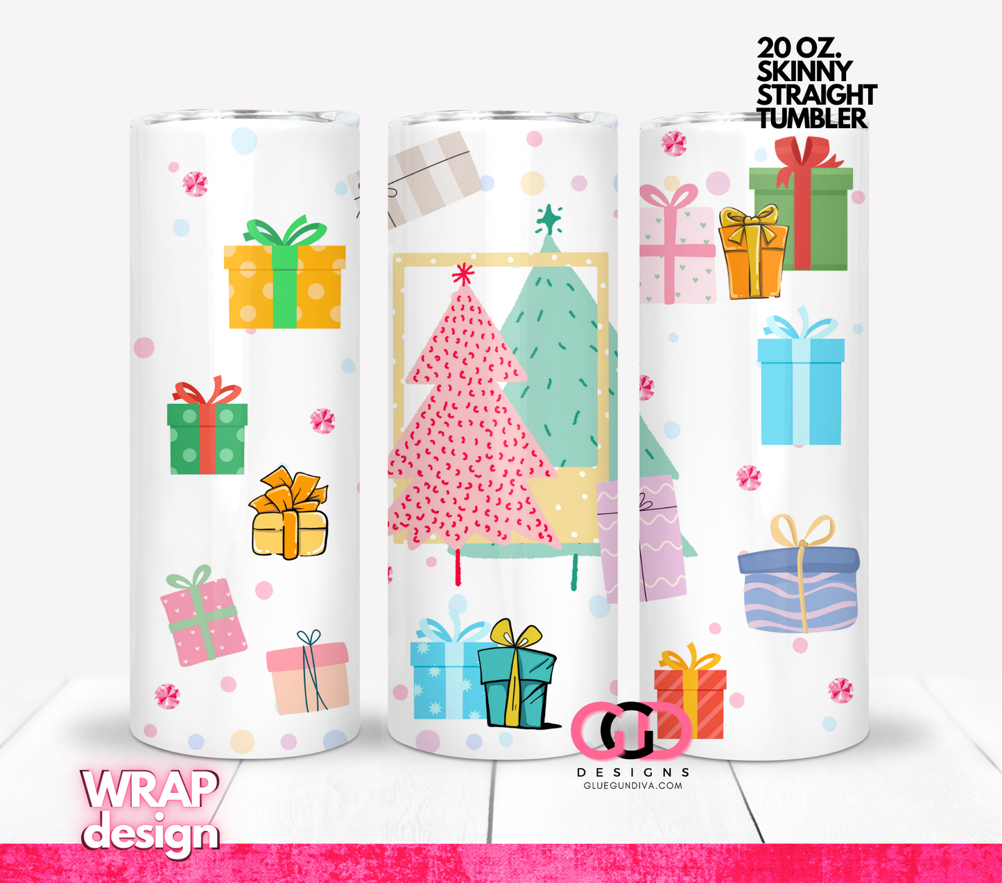 Pastel Christmas Trees and gifts - Digital tumbler wrap for 20 oz skinny straight tumbler