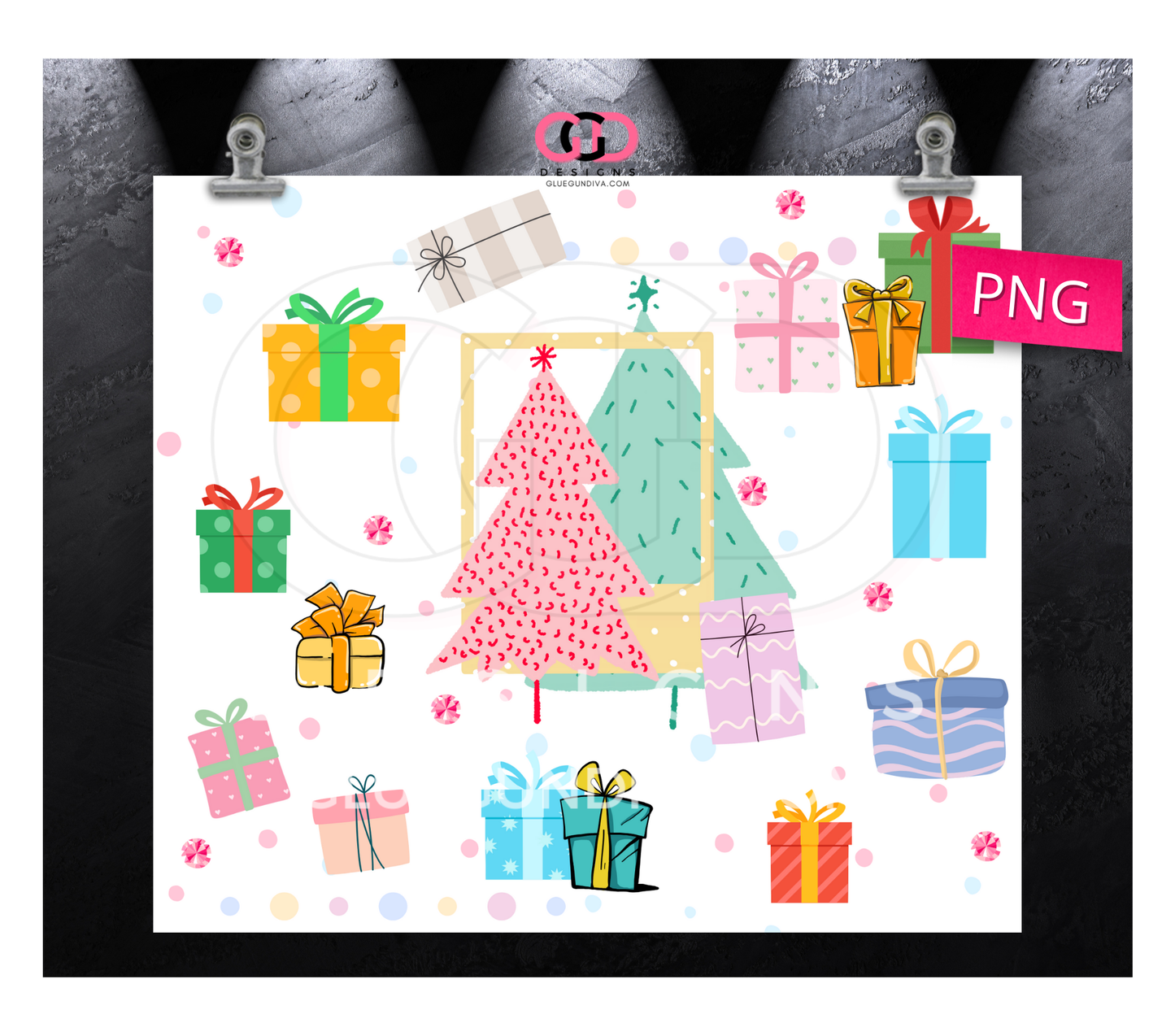 Pastel Christmas Trees and gifts - Digital tumbler wrap for 20 oz skinny straight tumbler