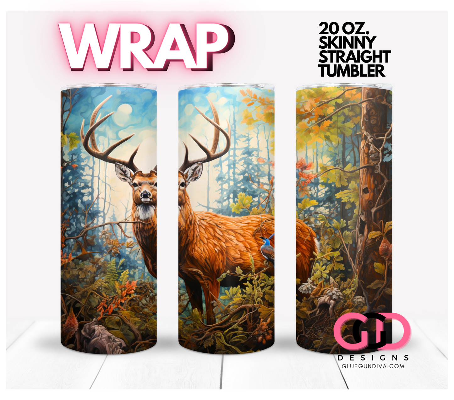 Deer in Woods- Digital tumbler wrap for 20 oz skinny straight tumbler