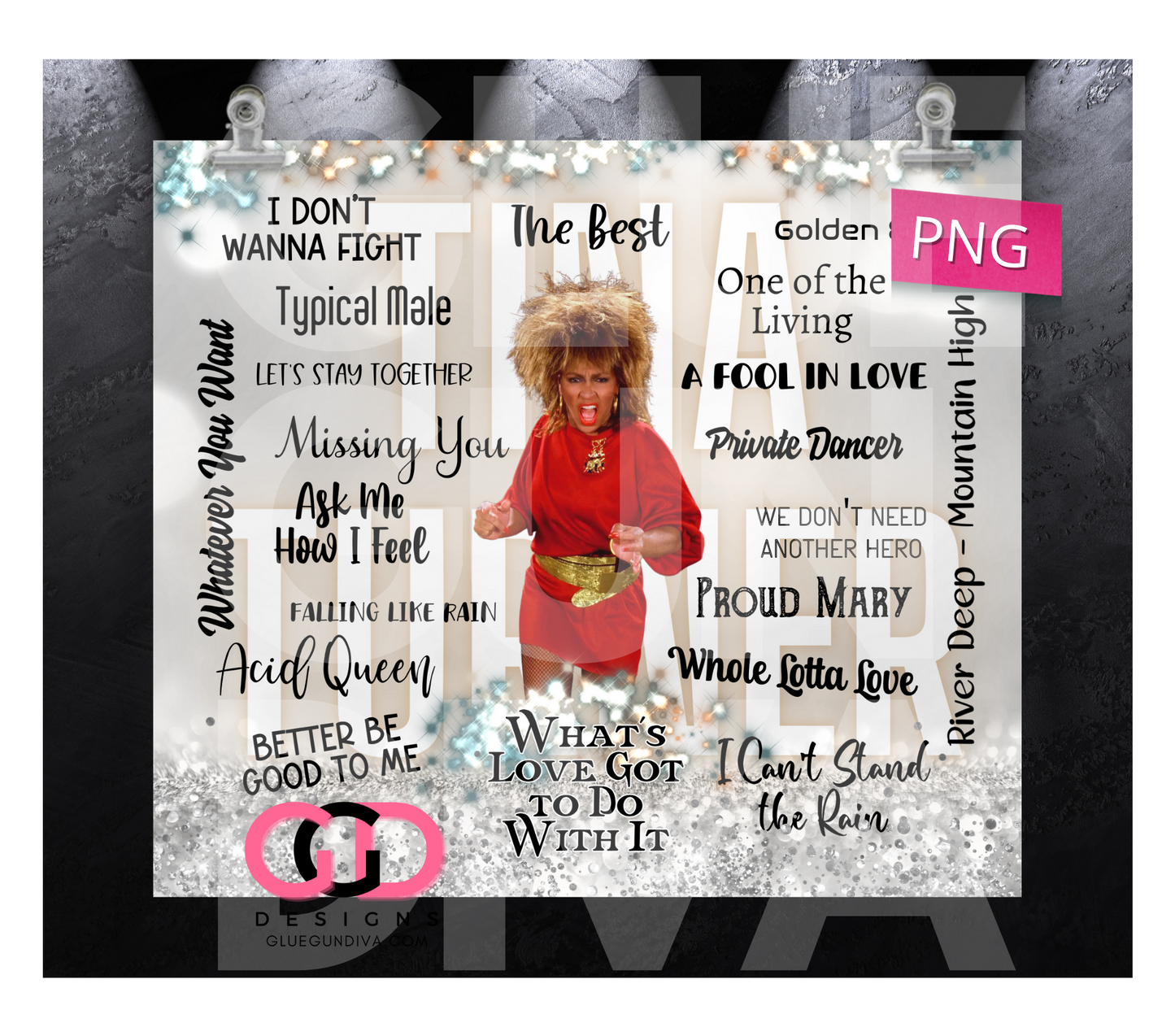 Tina Turner Hit Songs- Digital tumbler wrap for 20 oz skinny straight tumbler