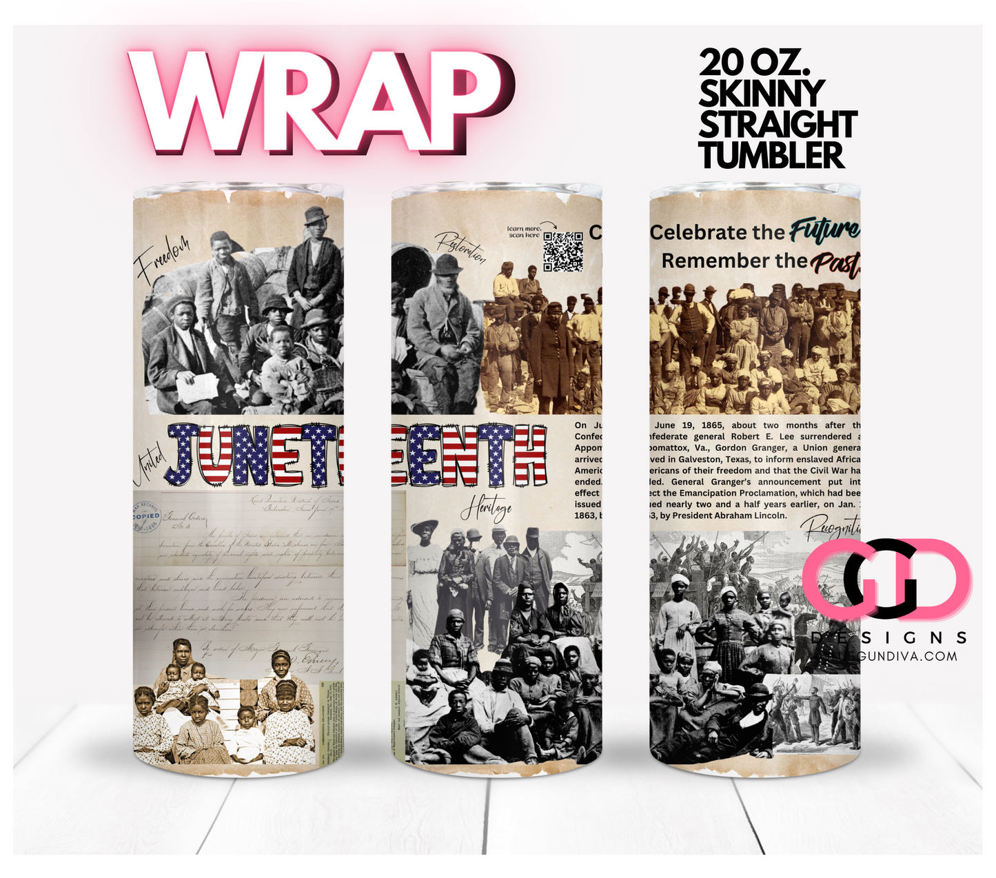 Juneteenth History- Digital tumbler wrap for 20 oz skinny straight tumbler
