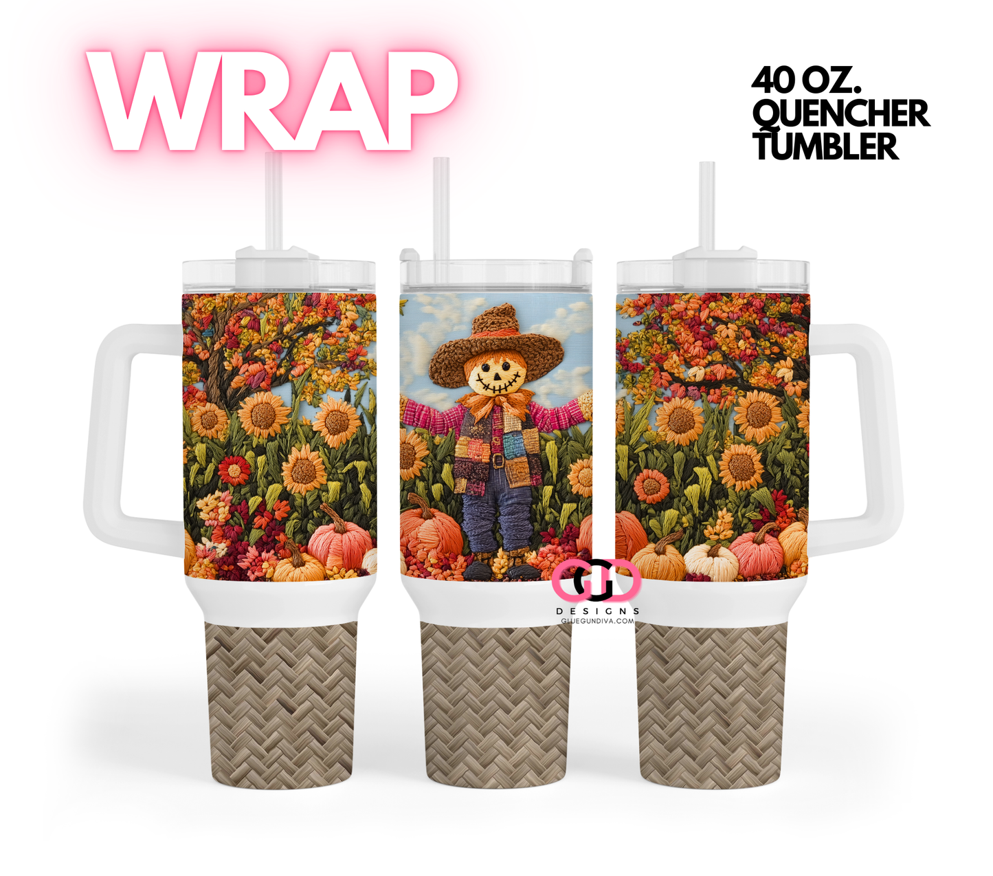 Embroidered Scarecrow - Digital tumbler wrap for 40 oz tumbler
