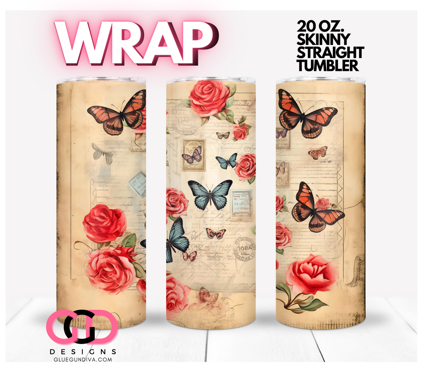 Vintage Roses and Stamps - Digital tumbler wrap for 20 oz skinny straight tumbler