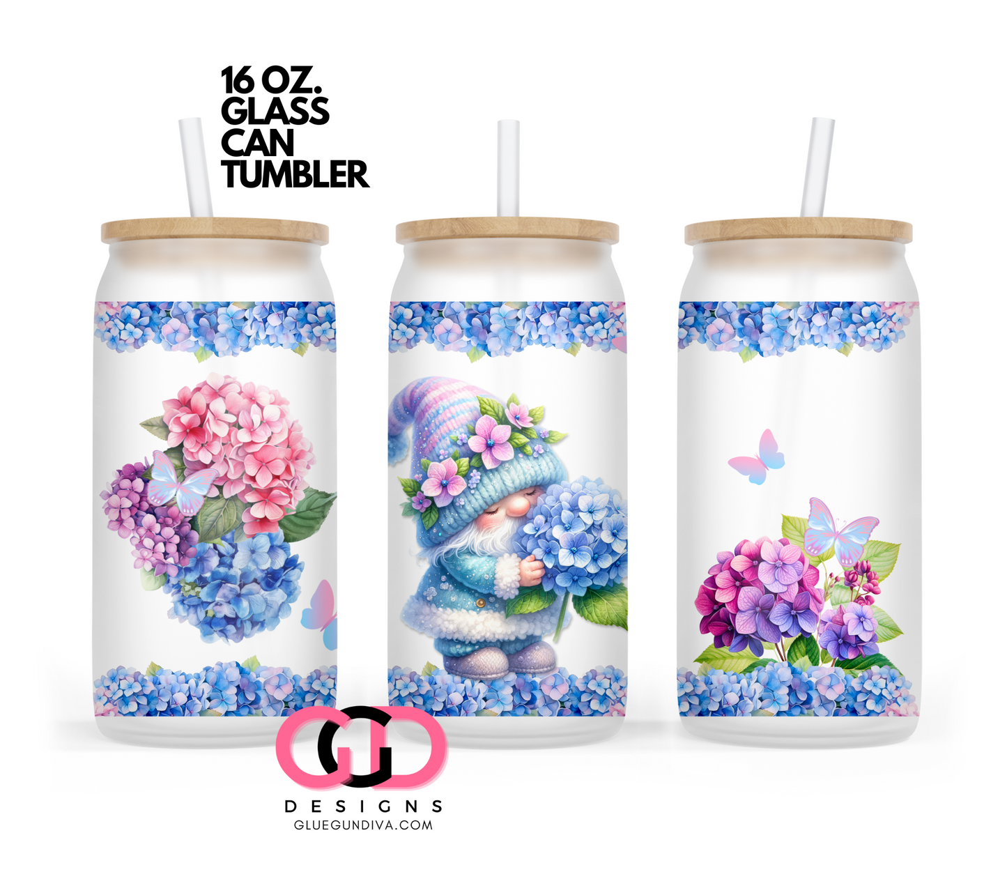 Hydrangea Gnome- Digital wrap for 16 oz glass can