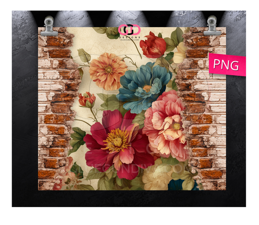 Vintage Brick Wall Flowers- Digital tumbler wrap for 20 oz skinny straight tumbler