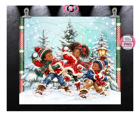 Vintage Snowball Fight Black Children- Digital tumbler wrap for 20 oz skinny straight tumbler